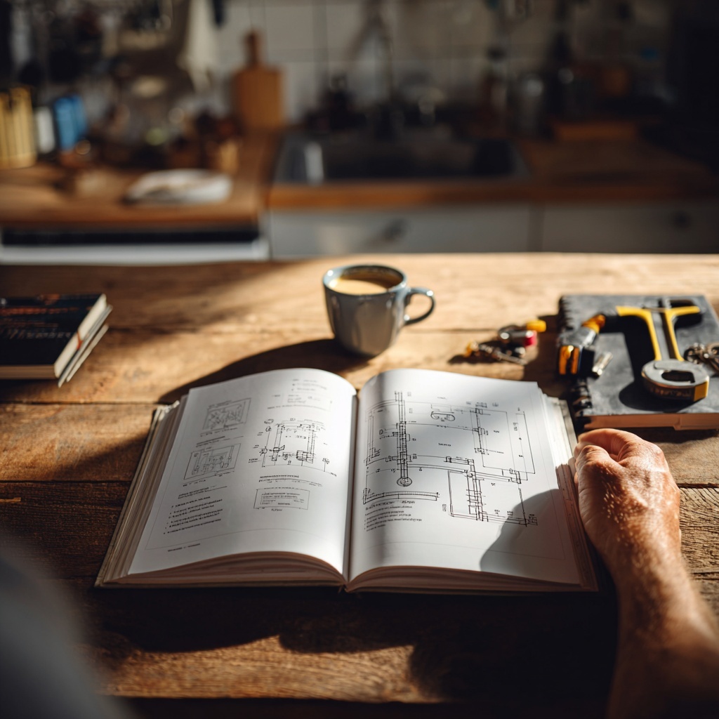 Lecture de plan de plomberie chauffage sur table en bois – Étude technique avant installation par artisan plombier chauffagiste