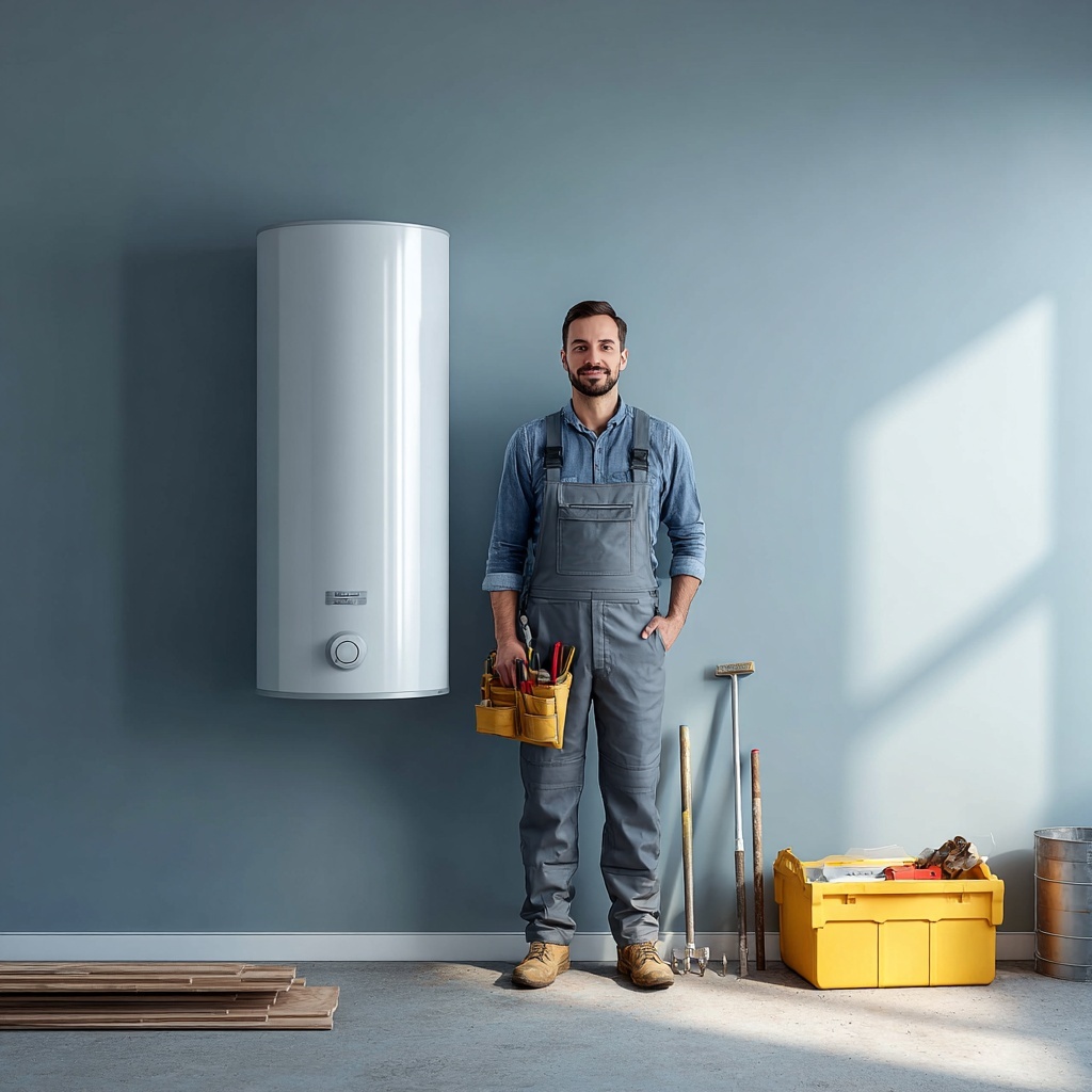 Artisan chauffagiste posant devant un ballon d’eau chaude mural – Installation chauffe-eau dans maison individuelle