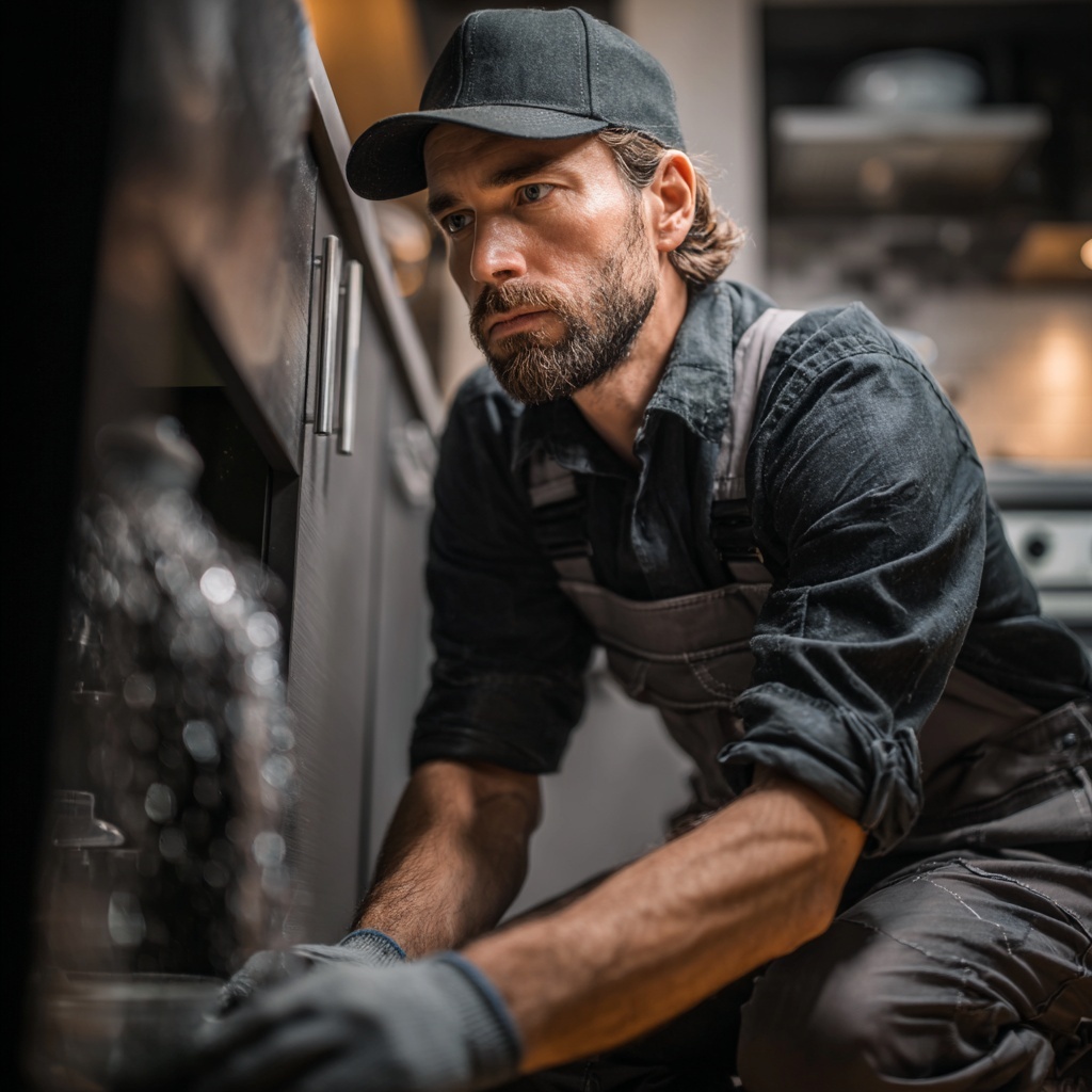 Plombier professionnel  en intervention sous évier – Réparation fuite d’eau en cuisine