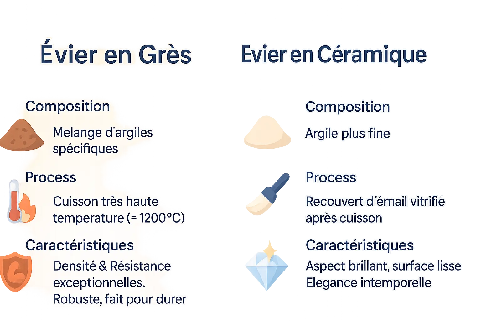 Comparaison visuelle entre un évier en grès et un évier en céramique