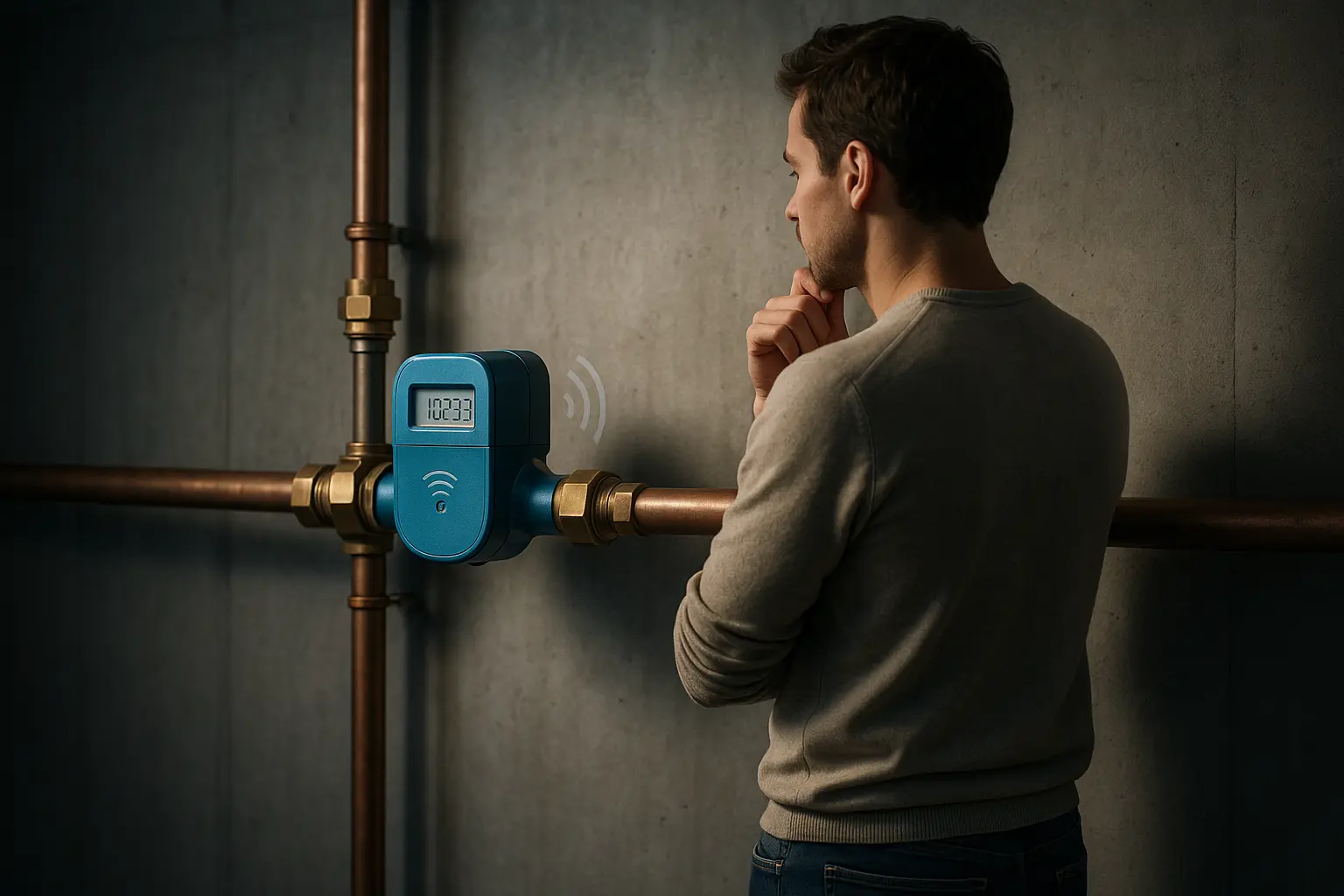 un homme devant son compteur d'eau connecté