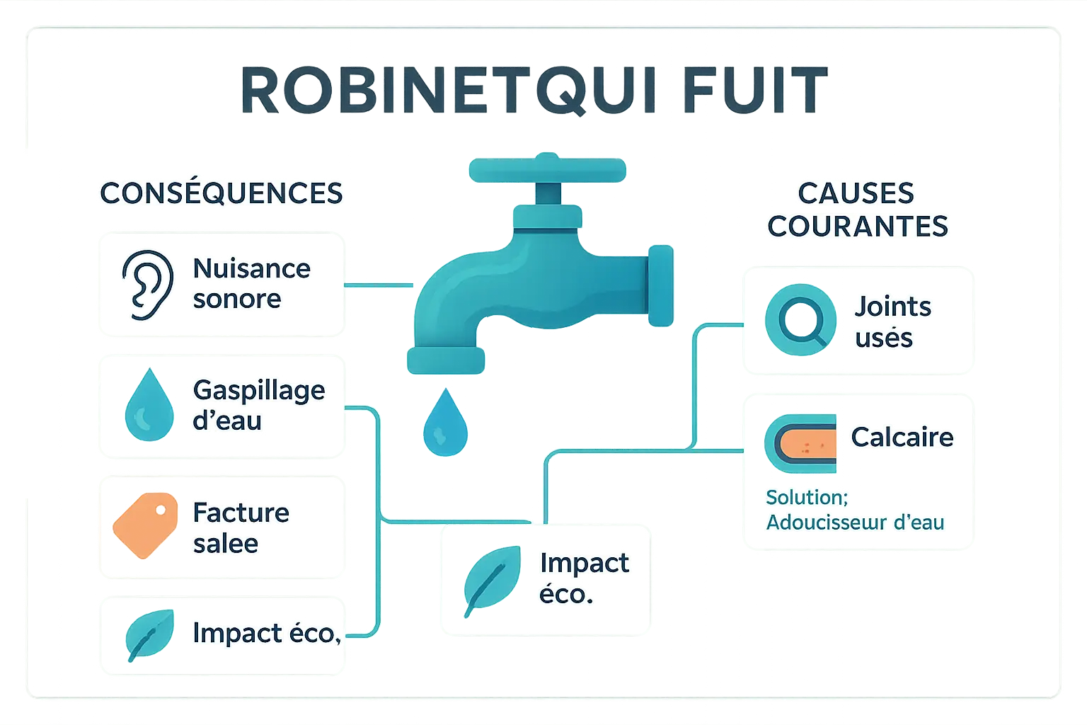 Illustration d'un robinet qui fuit avec des gouttes d'eau