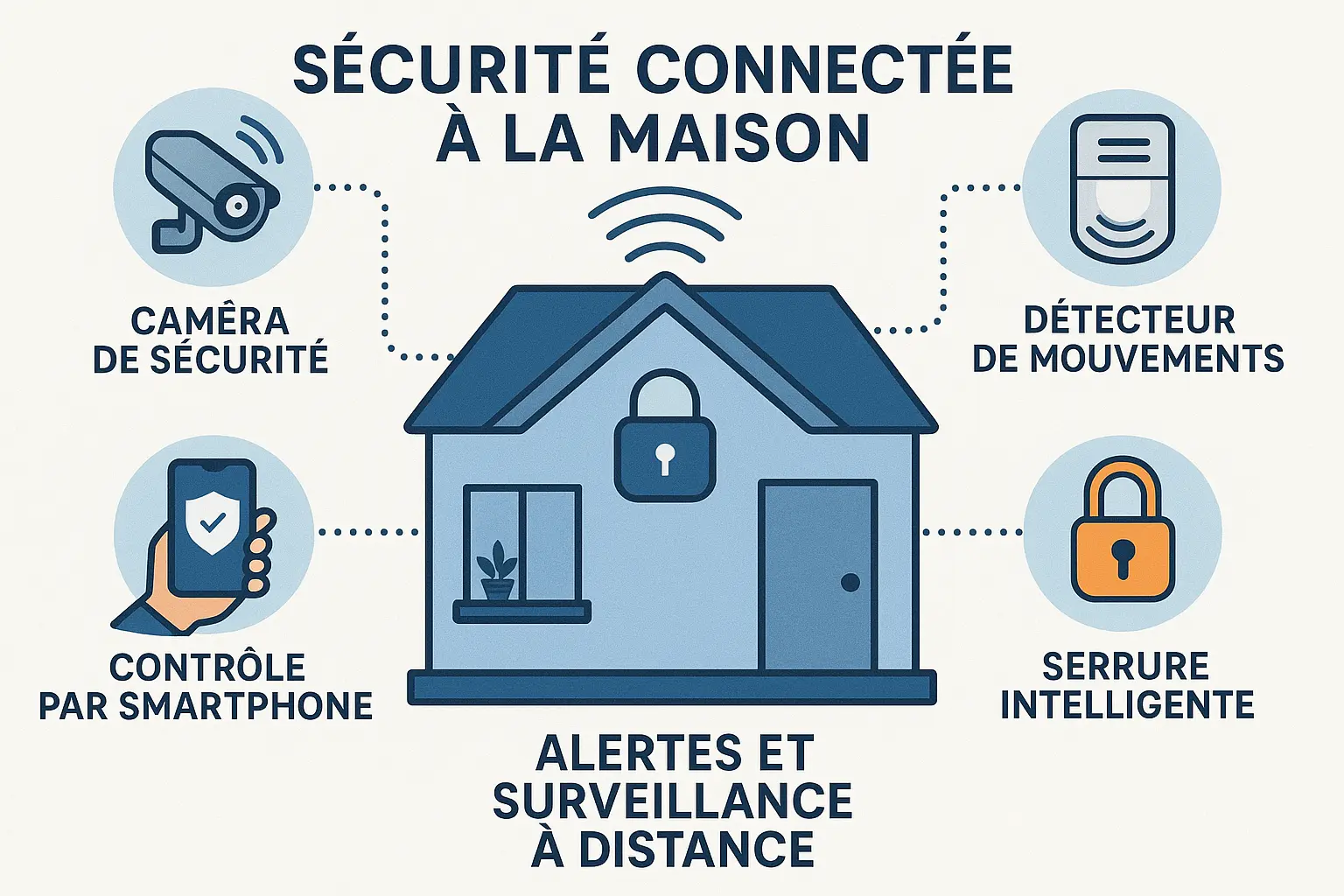 Infographie illustrant les équipements de la sécurité connectée domestique