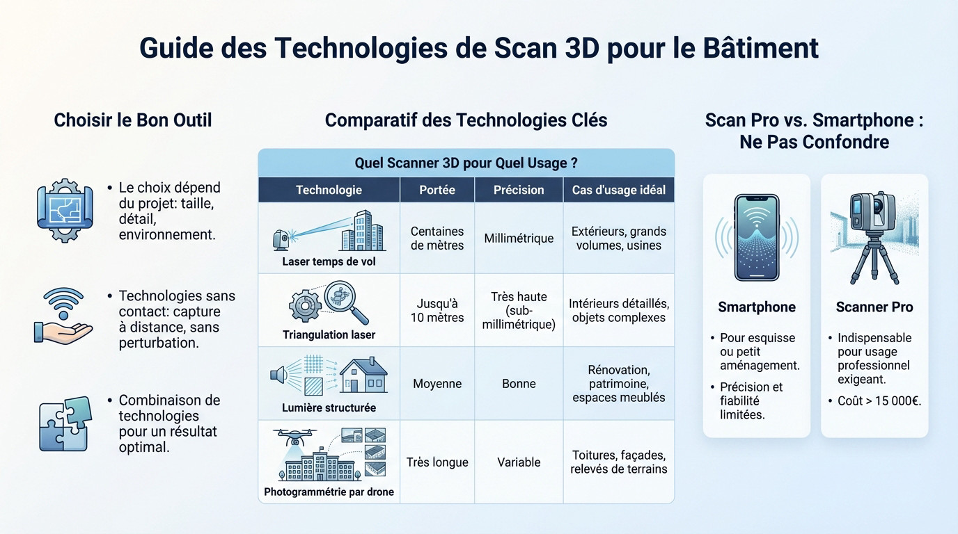 Guide visuel des technologies de scan 3D adaptées aux différents types de bâtiments et chantiers