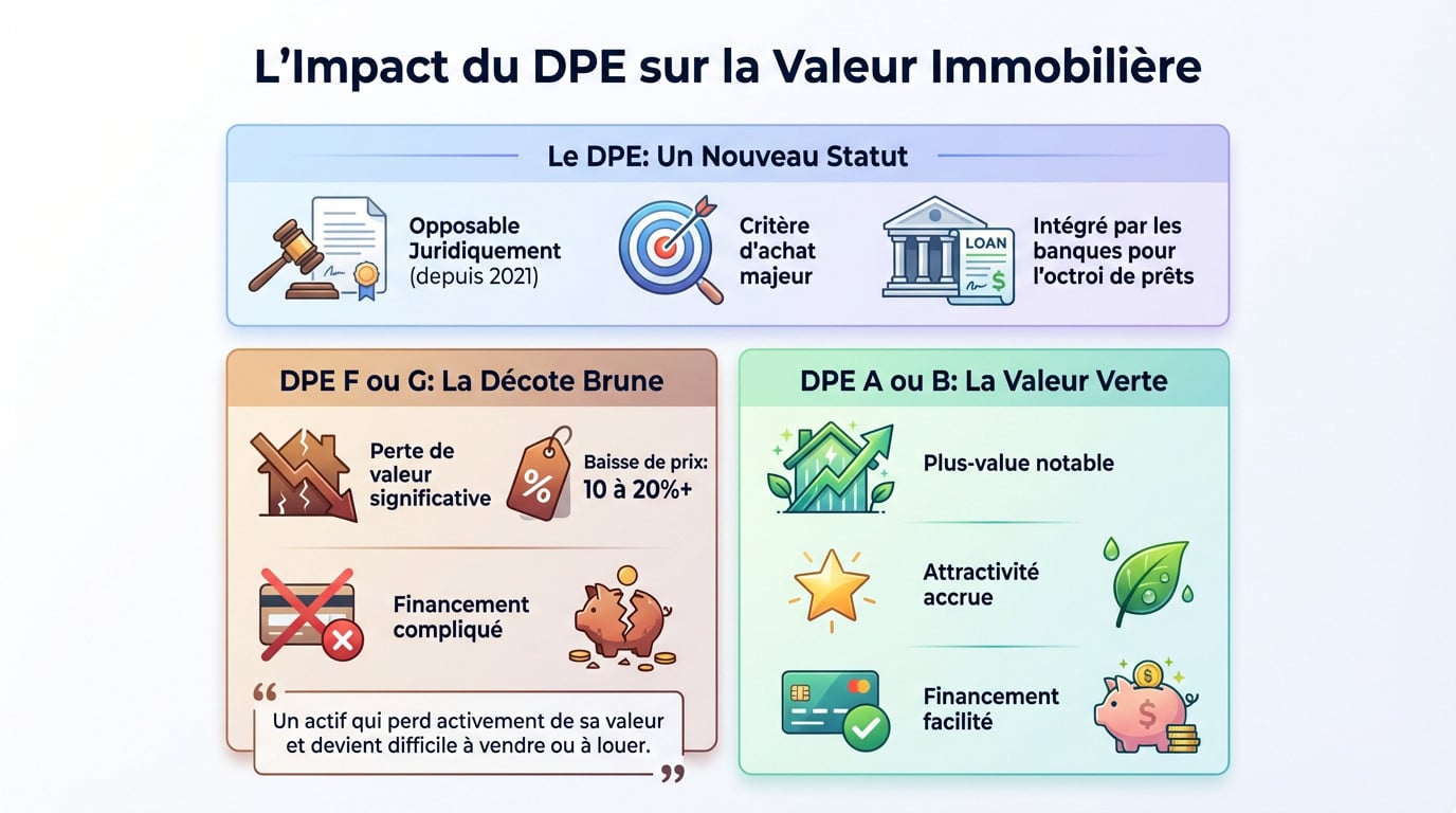 Graphique illustrant l'impact du DPE sur la valeur immobilière et la décote des passoires thermiques