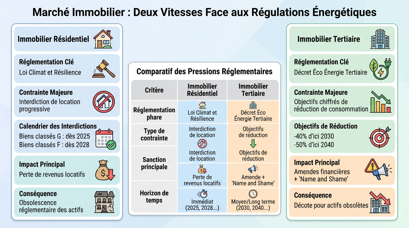 Graphique illustrant la divergence des valeurs immobilières entre actifs performants et passoires thermiques face aux régulations énergétiques