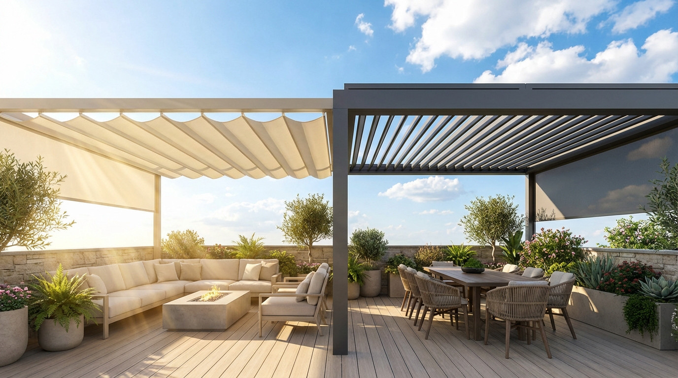 image représentant un abri terrasse rétractable et une pergola, côte à côte