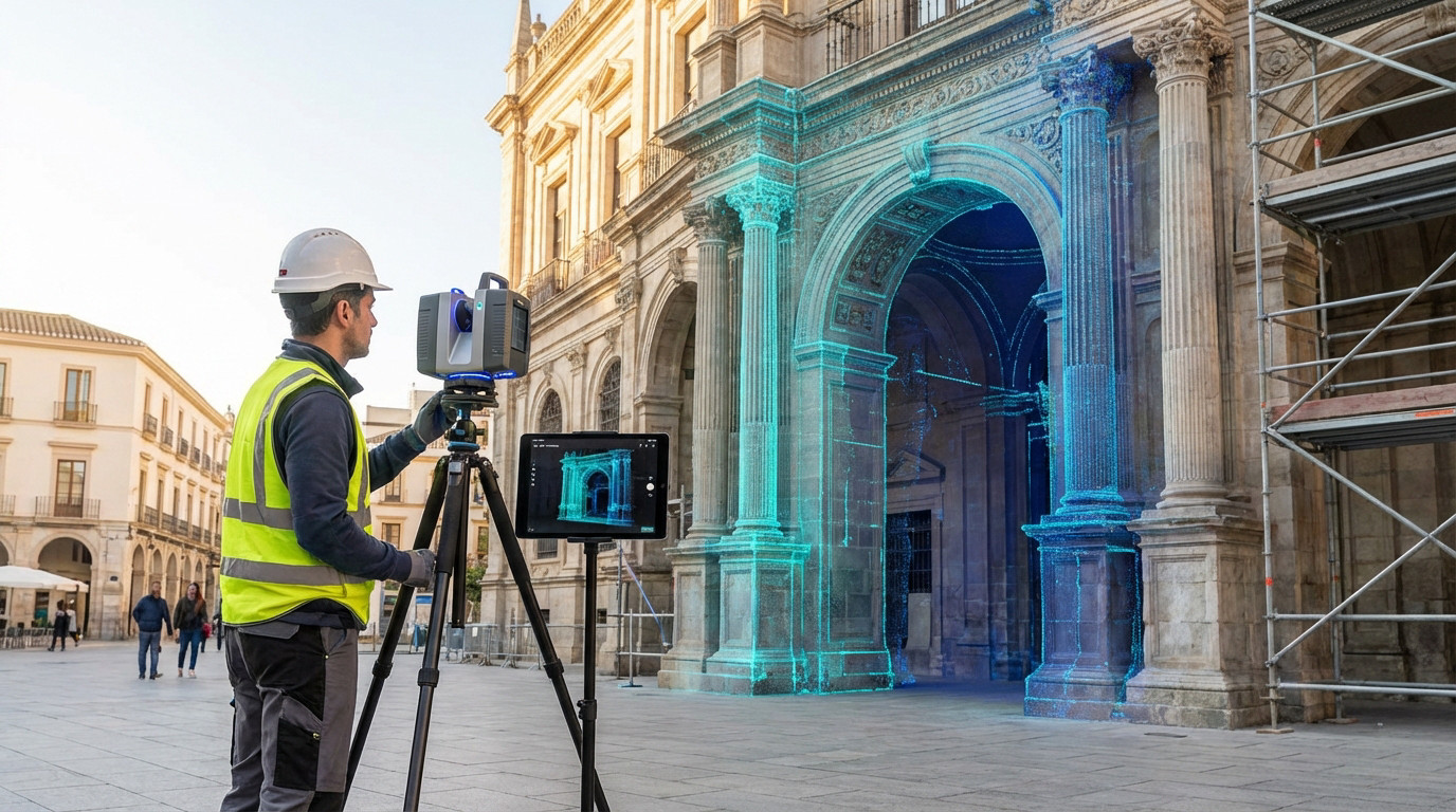ouvrier qui utilise la numérisation 3d sur un bâtiment