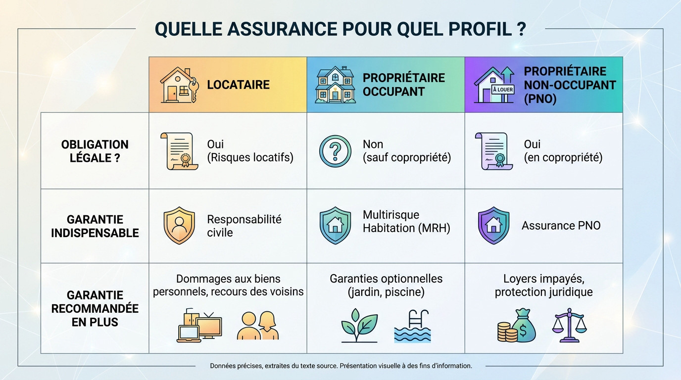 Tableau récapitulatif pour choisir son assurance habitation selon son profil locataire ou propriétaire