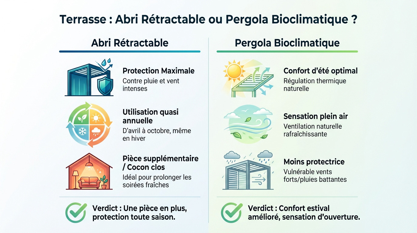 Comparaison visuelle entre un abri de terrasse rétractable fermé et une pergola bioclimatique à lames orientables
