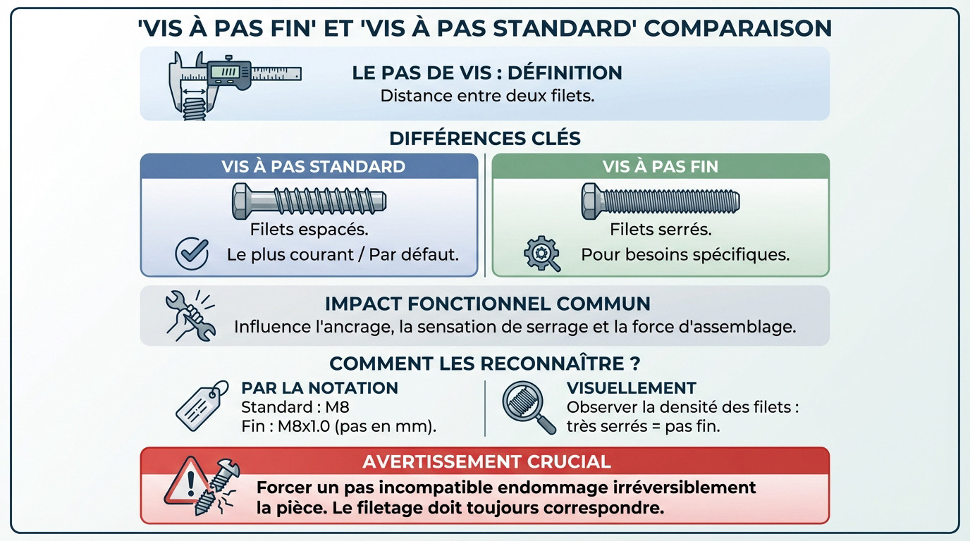 Comparaison visuelle entre les filets d'une vis à pas fin et ceux d'une vis à pas standard