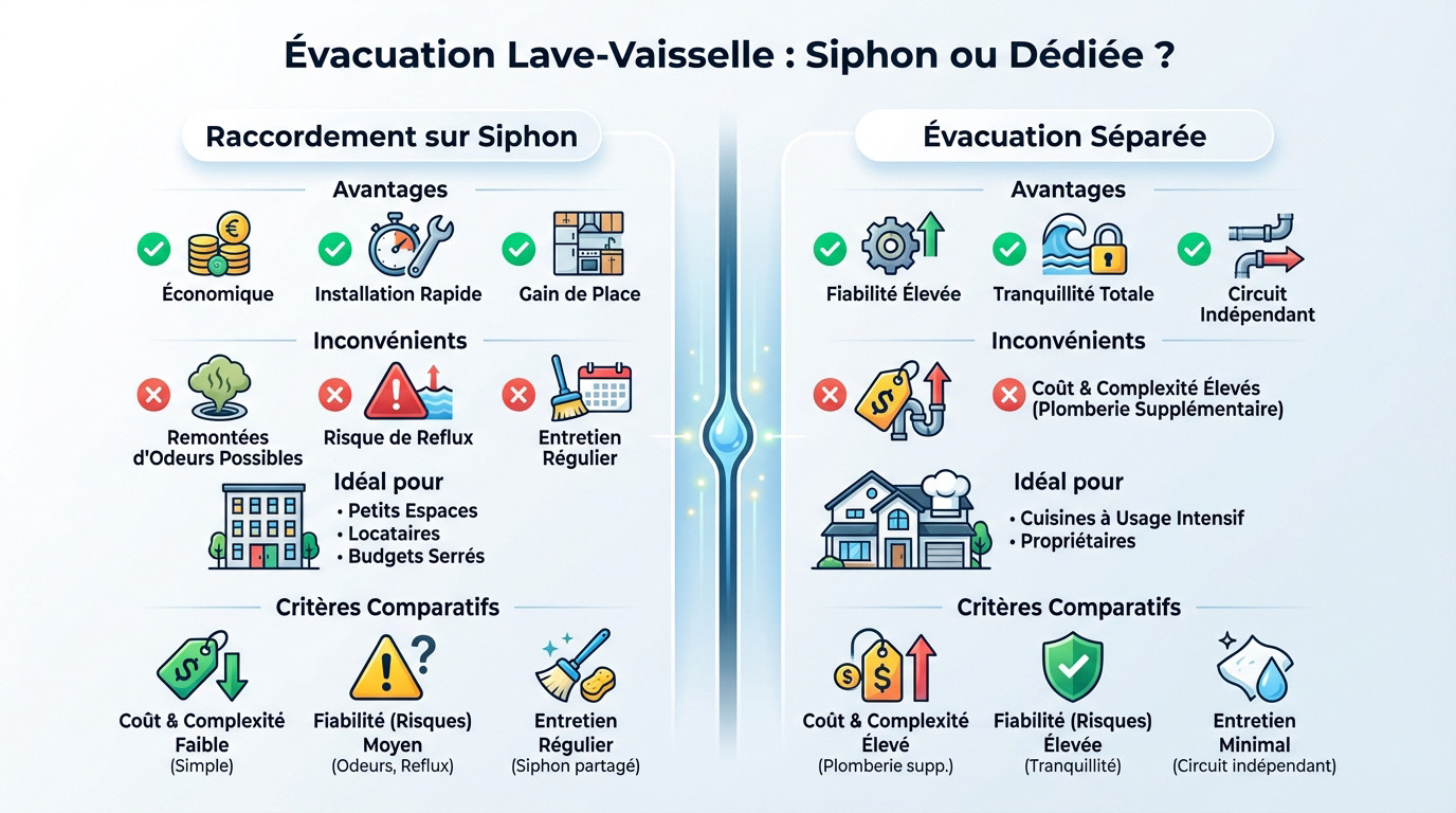 Comparaison visuelle entre un raccordement sur siphon d'évier et une évacuation dédiée pour lave-vaisselle