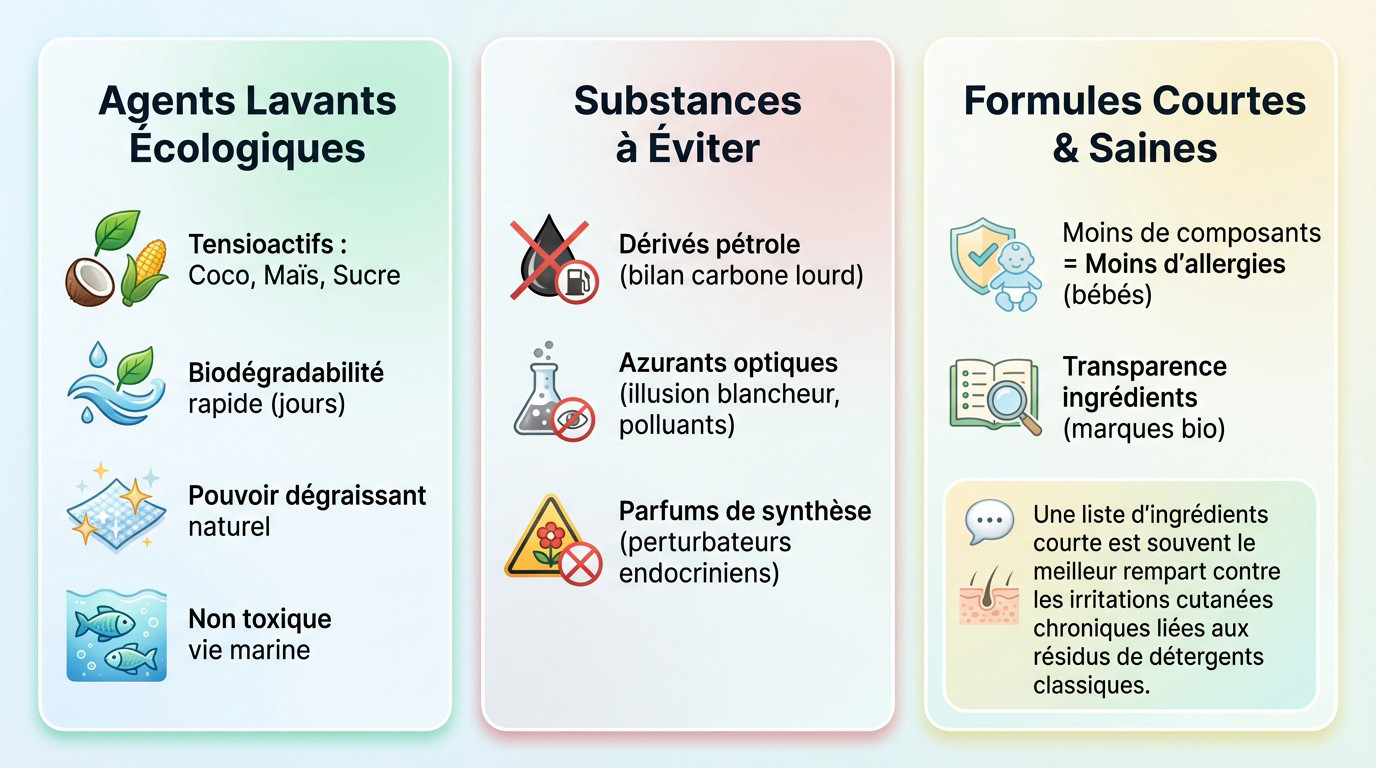 Infographie détaillant les agents lavants d'origine végétale et les substances chimiques à proscrire dans les lessives