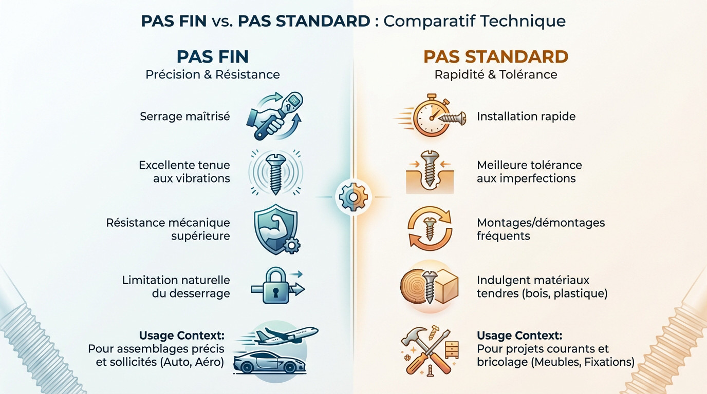 Comparatif technique illustrant les différences de filetage entre une vis à pas fin et une vis à pas standard