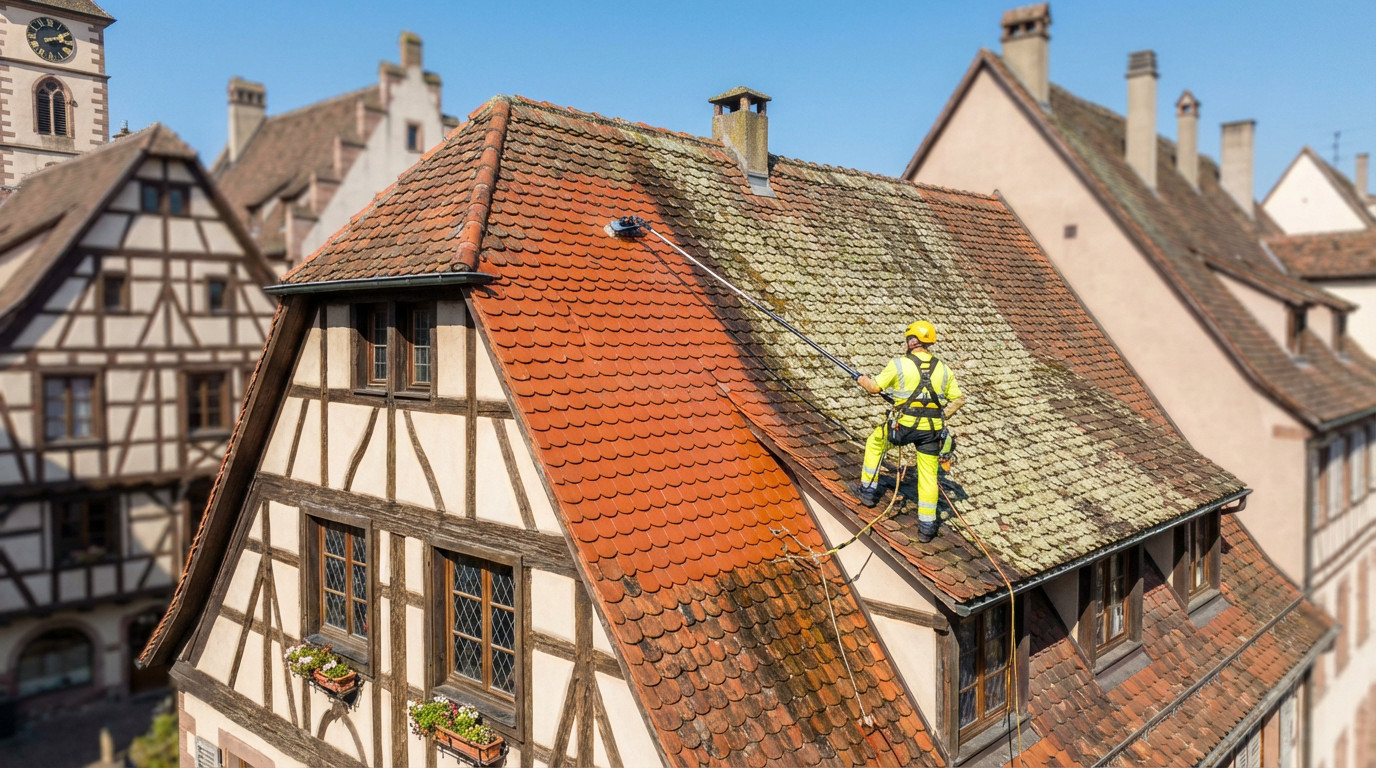Professional in safety gear cleaning a terracotta roof in Strasbourg, half-cleaned with moss/discoloration visible.