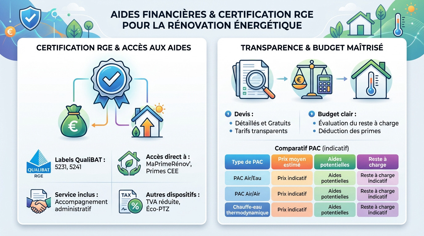 Artisan RGE expliquant les aides financières <strong>MaPrimeRénov</strong> et CEE pour une pompe à chaleur »></p>
<h3><span class=