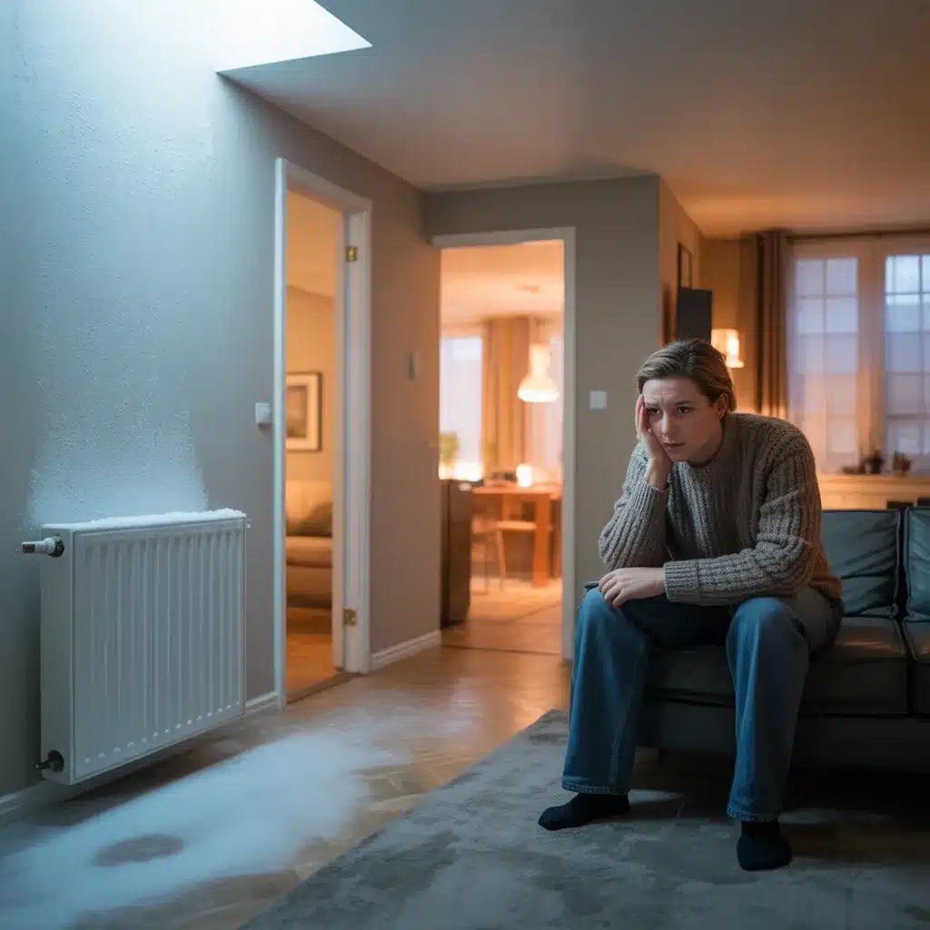 illustration d'un appartement mal chauffé avec son occupant ayant froid