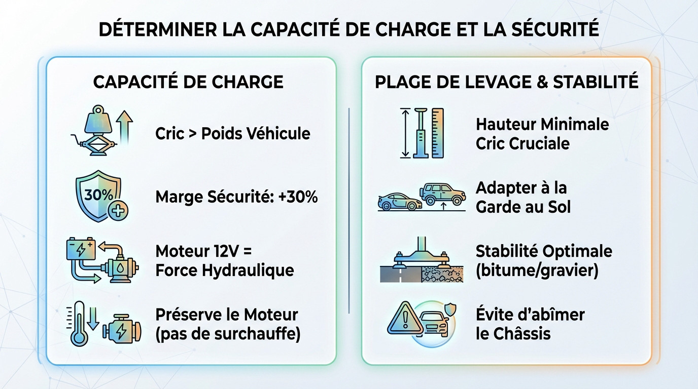Infographie sur la capacité de charge et la sécurité d'un cric électrique