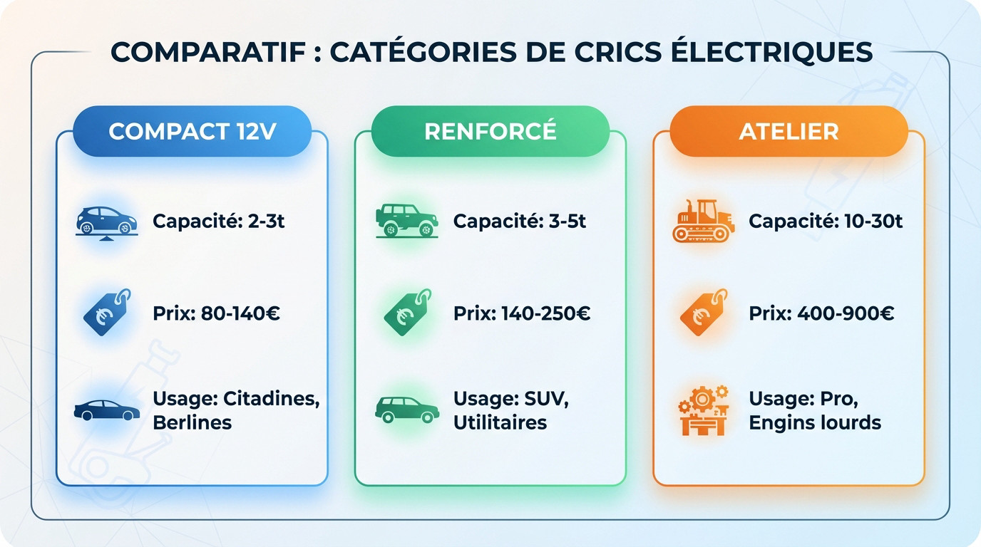 Tableau comparatif des catégories de crics électriques compacts, renforcés et d'atelier