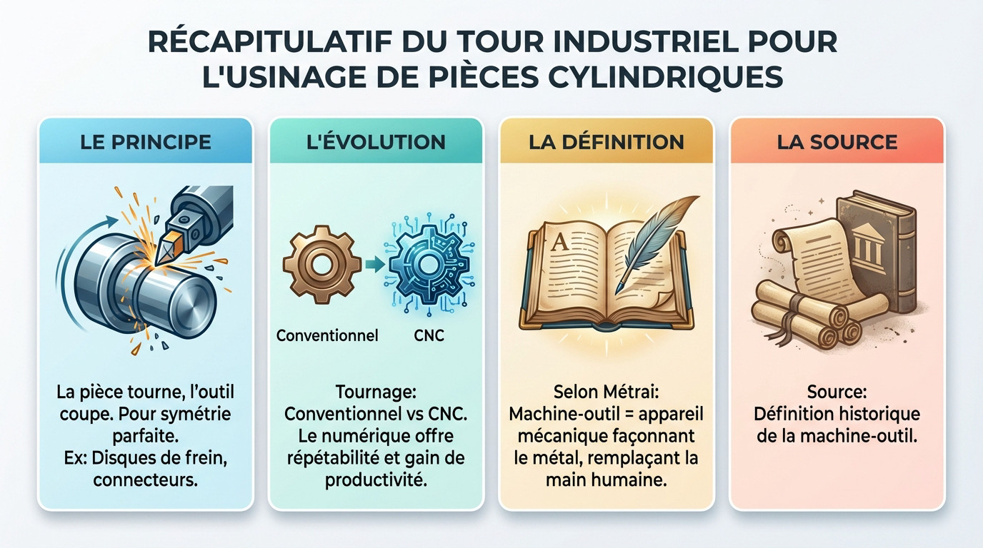 Infographie détaillant le fonctionnement du tour industriel et l'usinage de pièces cylindriques