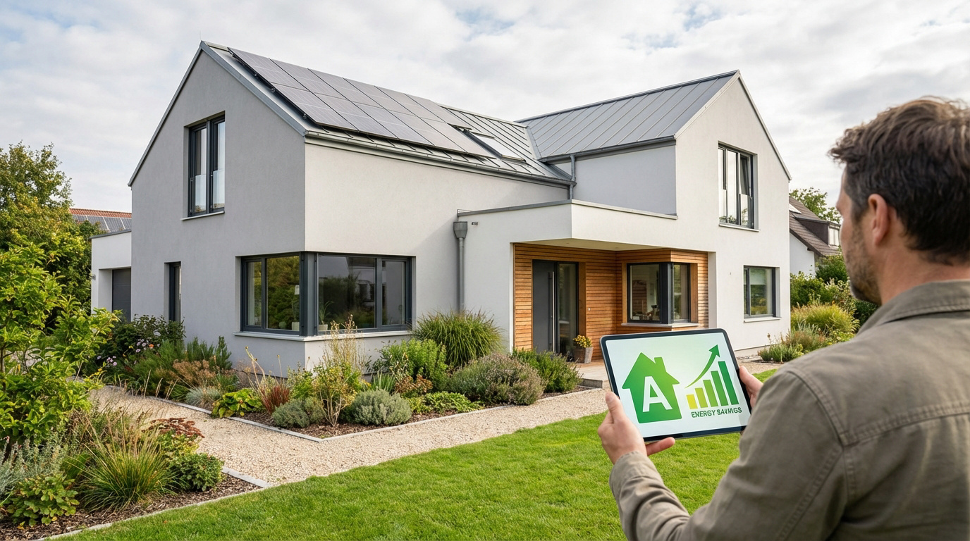 Homme tenant une tablette affichant des économies d'énergie devant une maison moderne avec panneaux solaires et jardin.