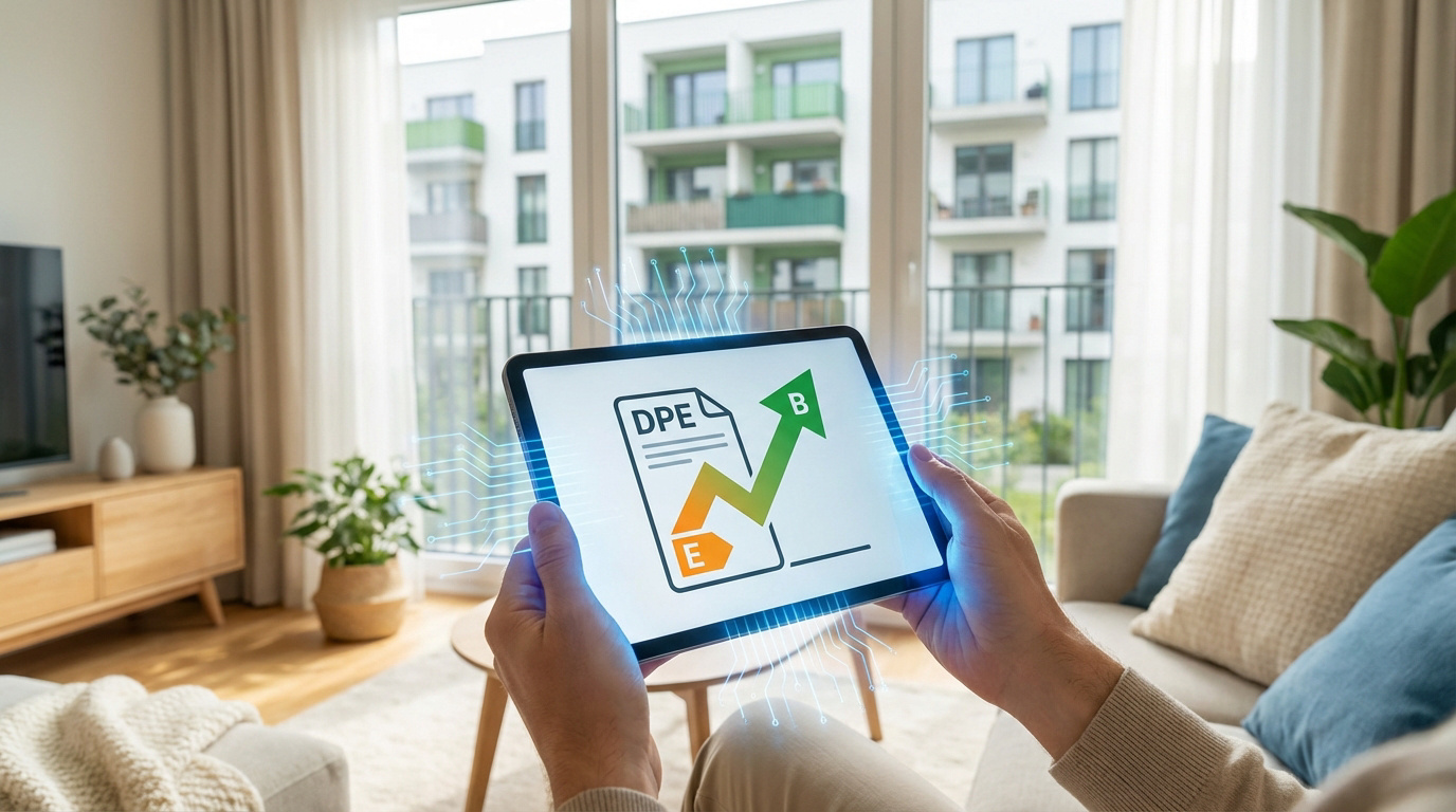 Mains tenant une tablette affichant un DPE (de E à B) et un graphique de performance énergétique améliorée. Salon moderne en arrière-plan.
