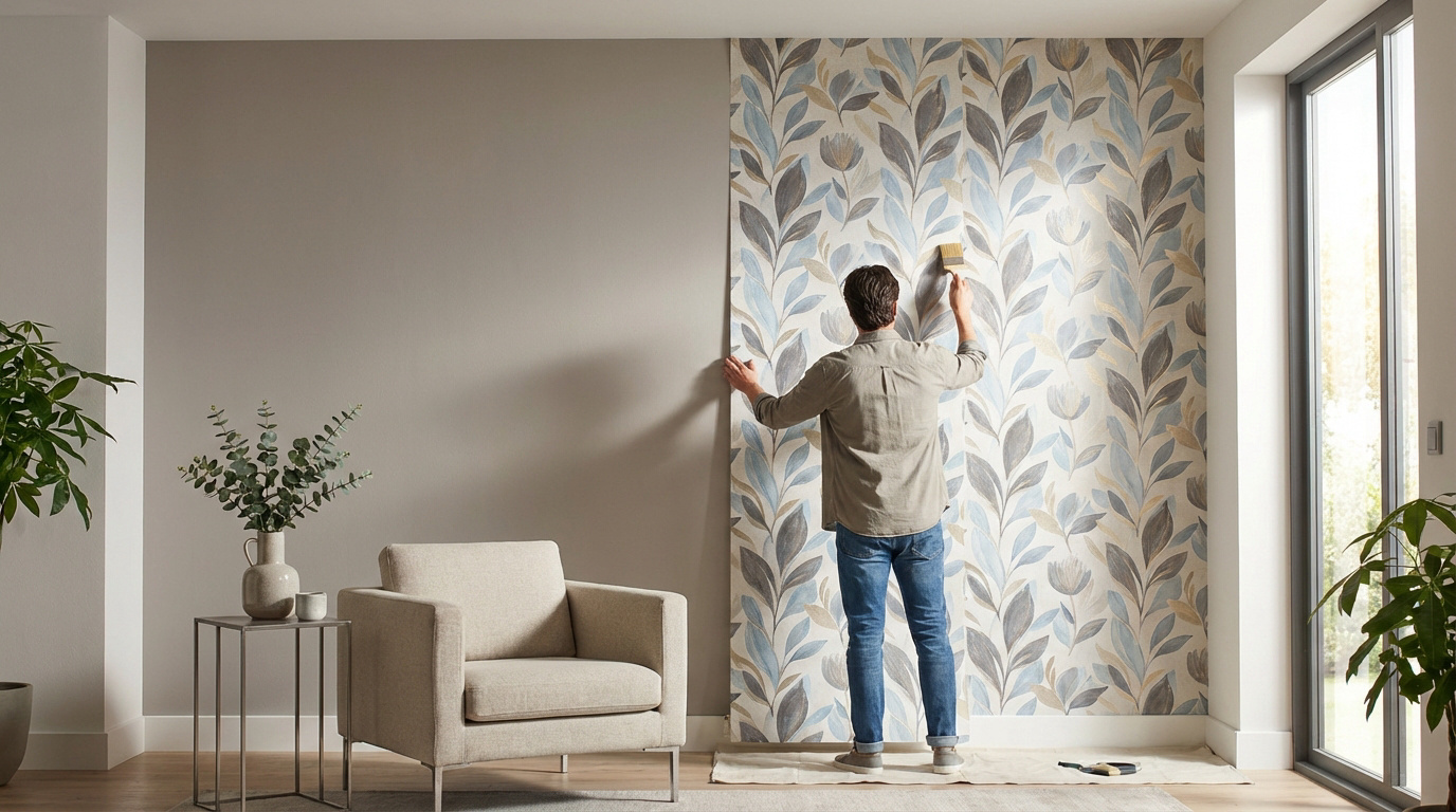 Un homme pose du papier peint à motif de feuilles et fleurs bleues, grises et beiges sur un mur d'un salon lumineux.