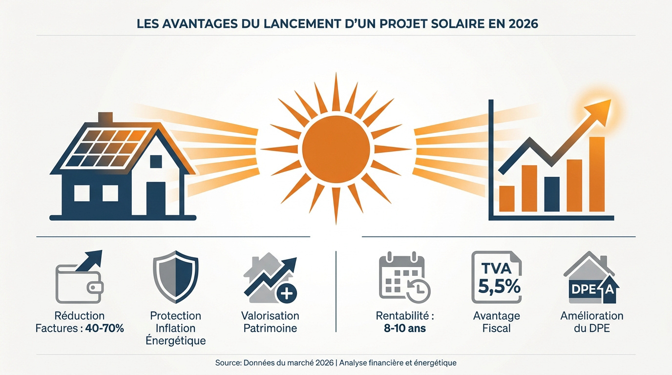 Panneaux solaires photovoltaïques installés sur le toit d'une maison moderne en 2026