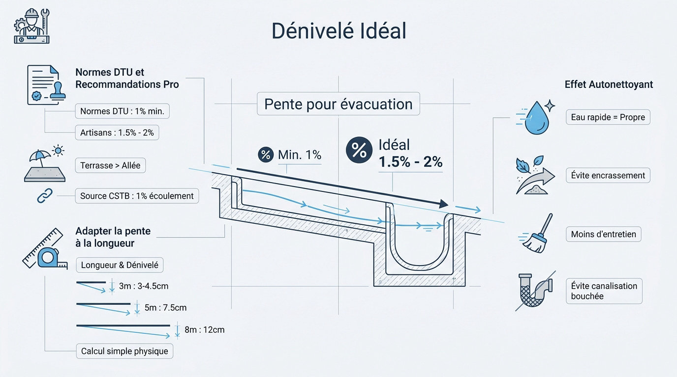 Schéma technique illustrant le calcul de la pente pour un caniveau extérieur