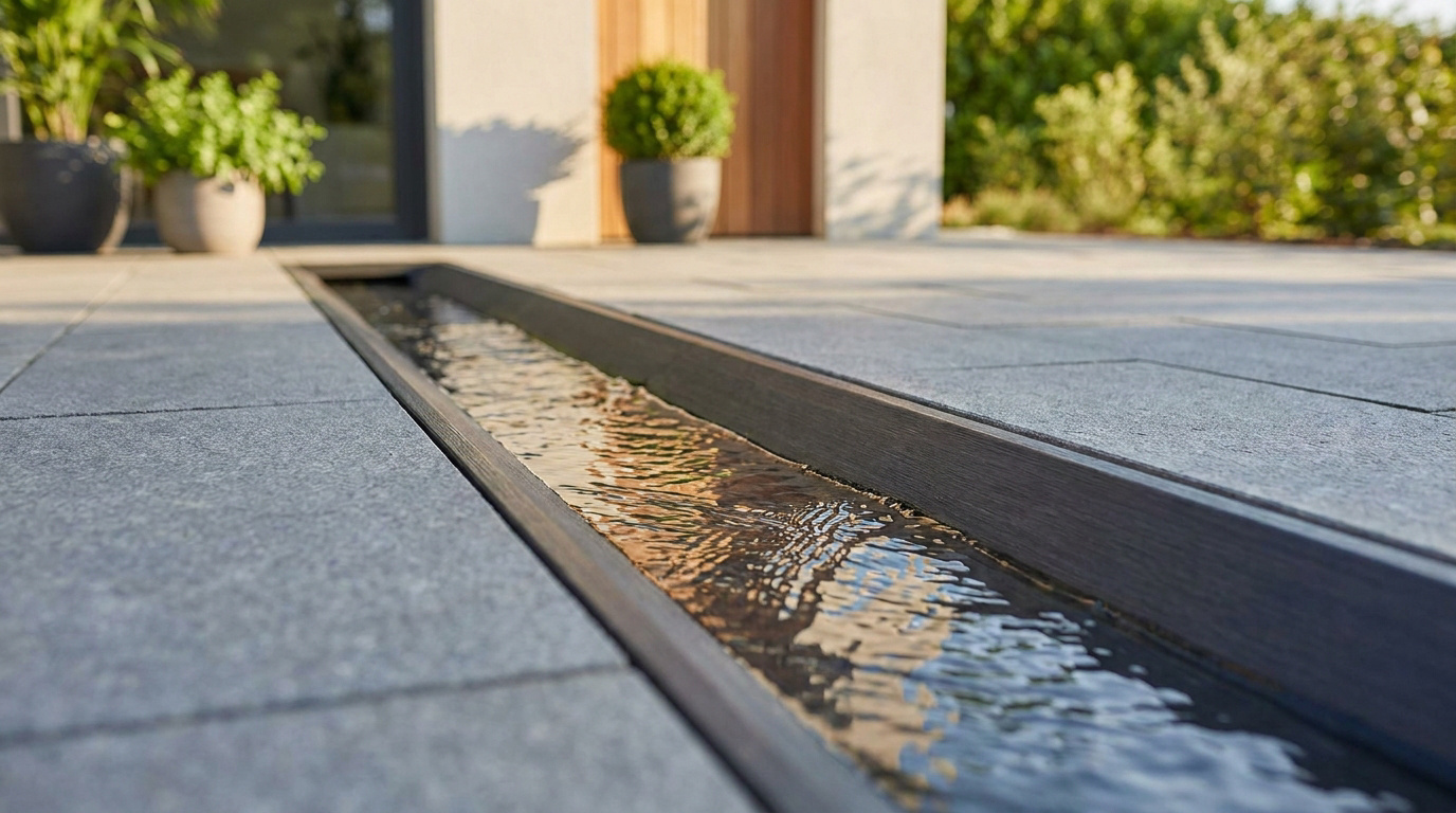 Caniveau de drainage avec eau courante installé sur une terrasse en dalles de pierre grise devant une maison moderne.
