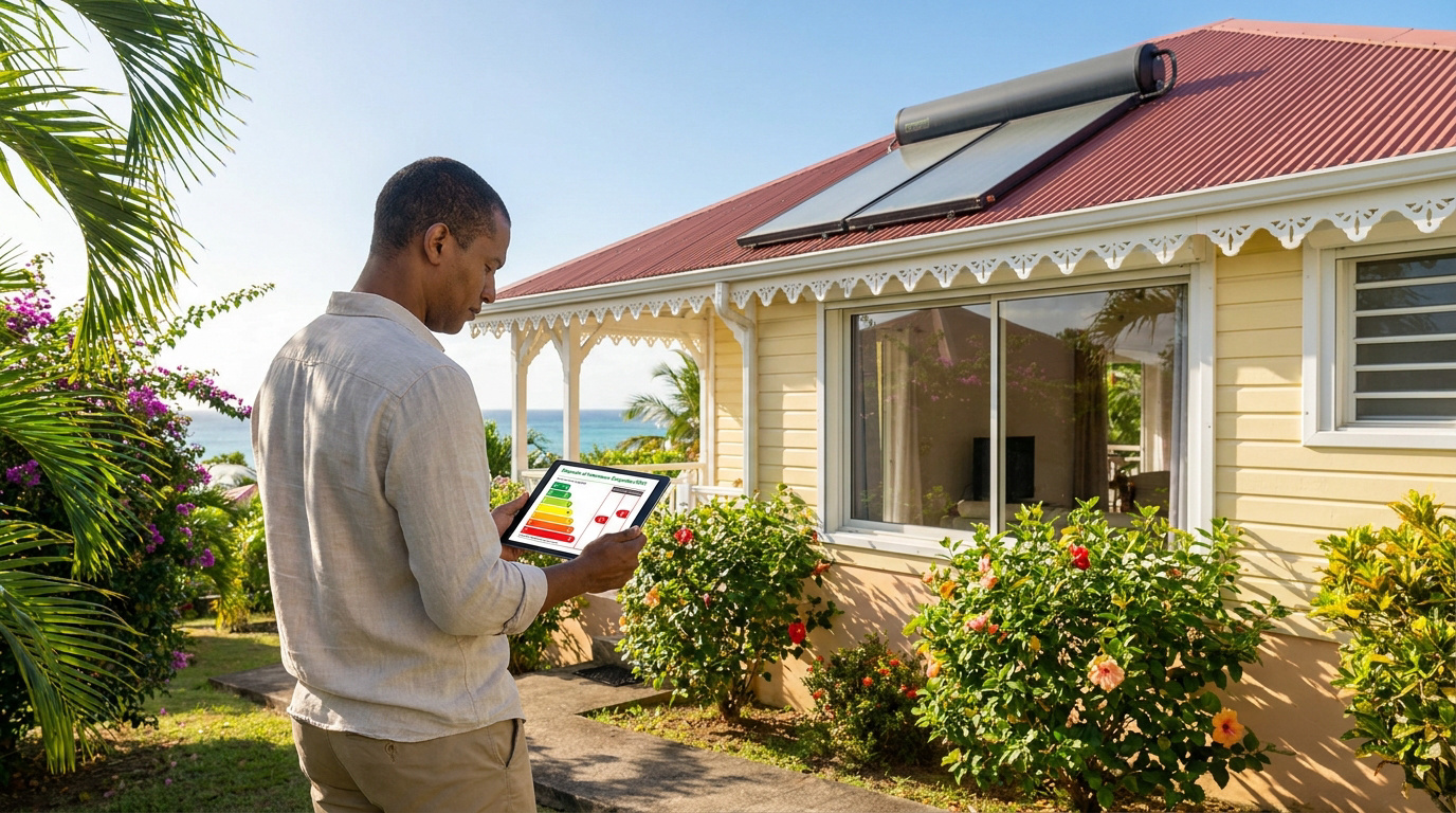 Un homme consulte un diagnostic de performance énergétique (DPE) de classe G sur une tablette devant une maison créole.