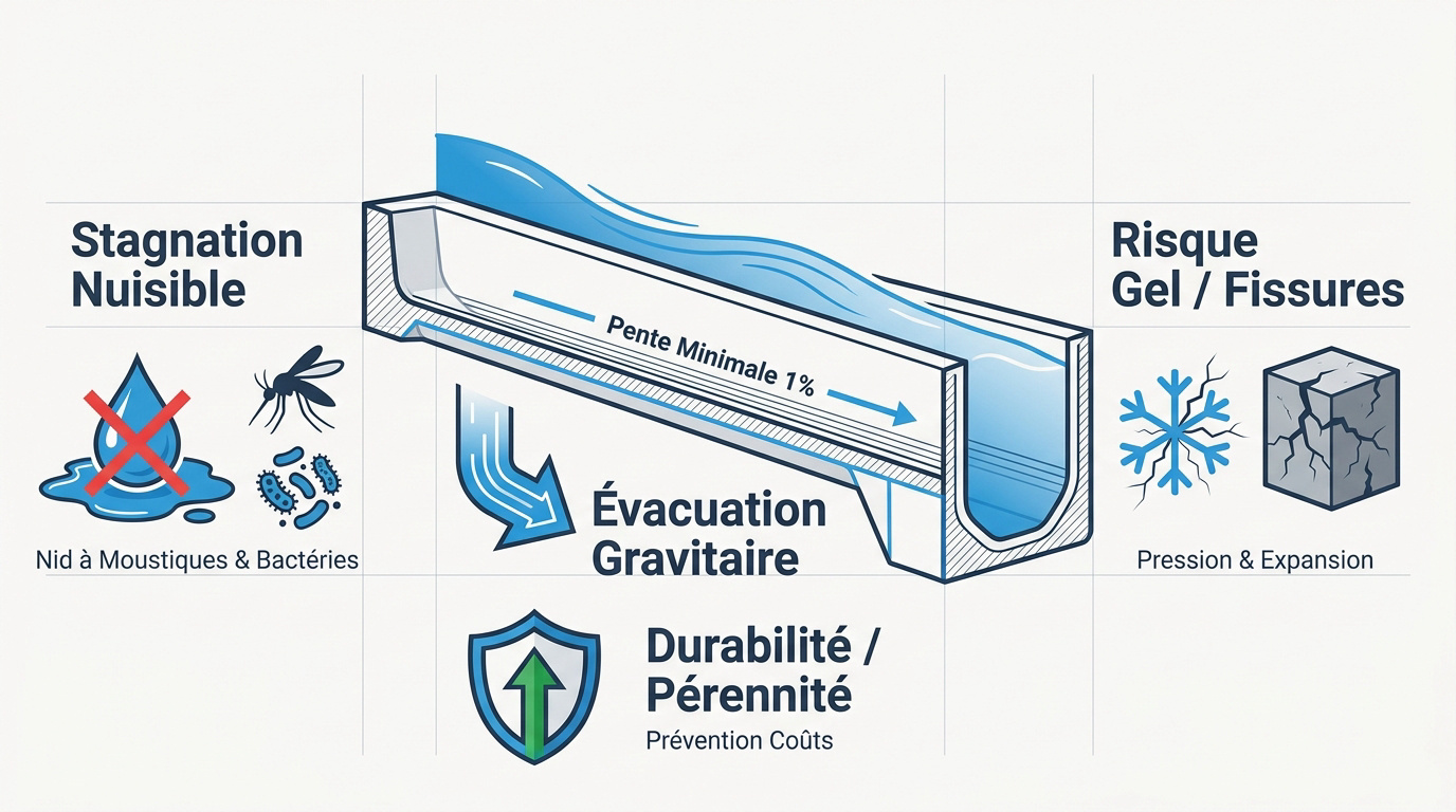 Infographie expliquant les risques liés à l'absence de pente dans un caniveau et l'importance du drainage gravitaire