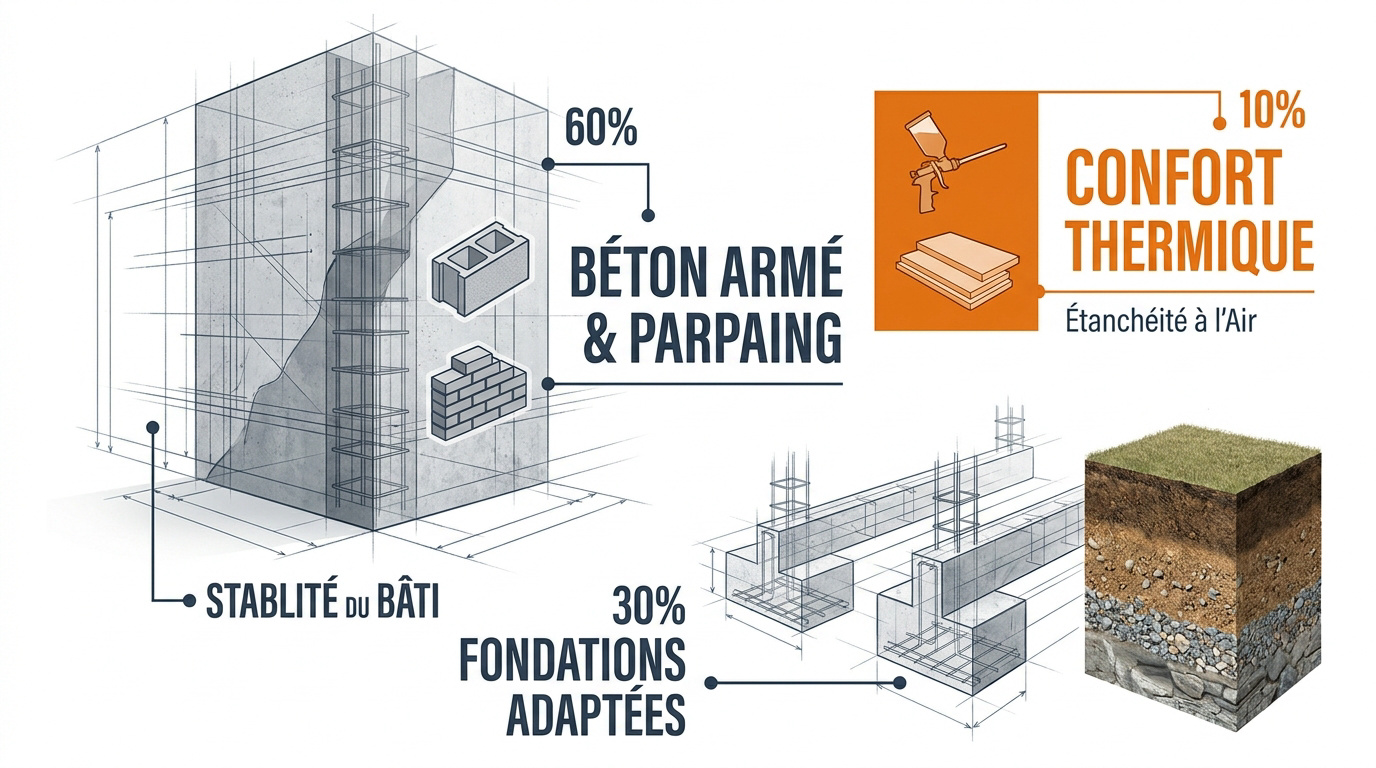 Infographie technique présentant la structure porteuse et l'isolation thermique du bâtiment