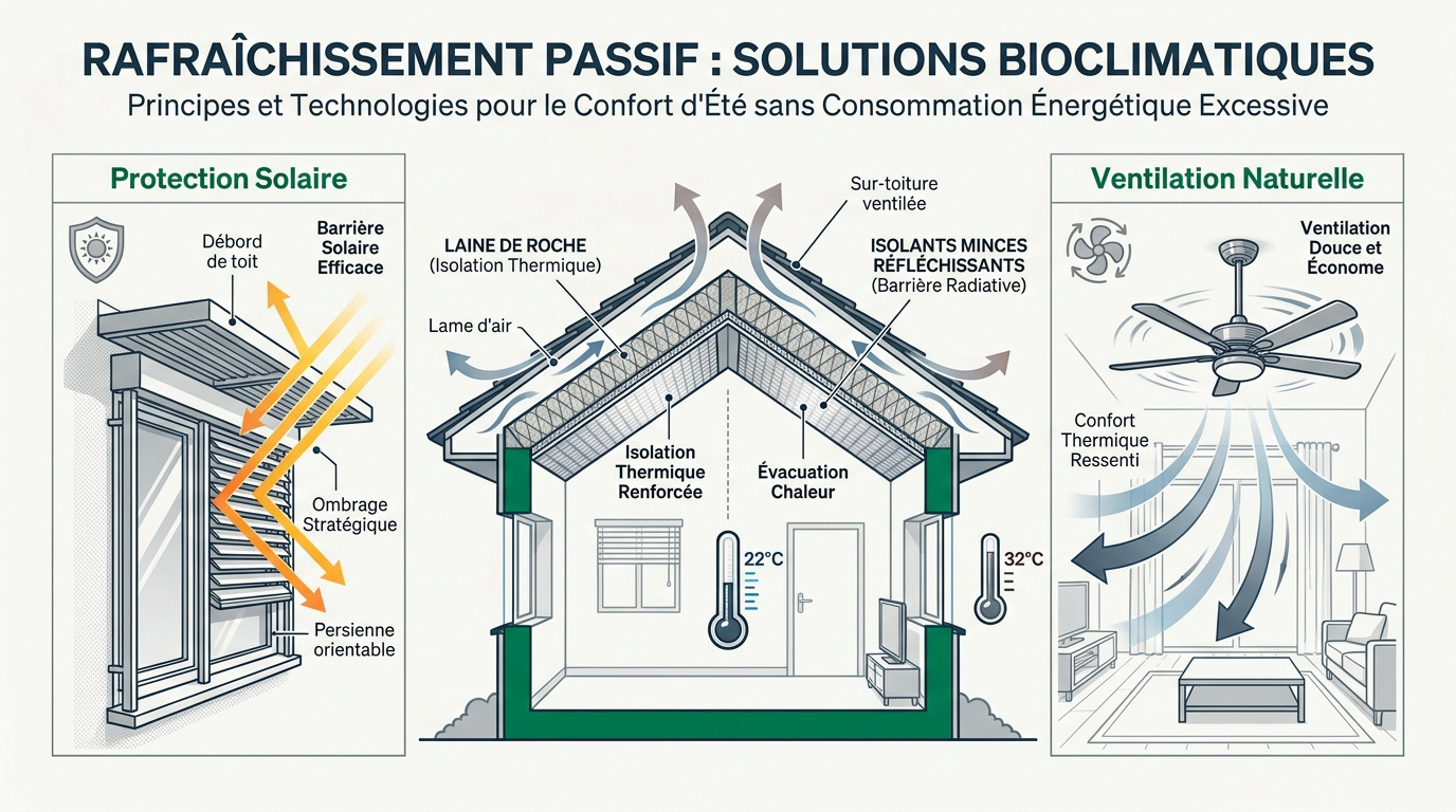 Schéma de solutions de rafraîchissement passif et ventilation naturelle pour habitat tropical
