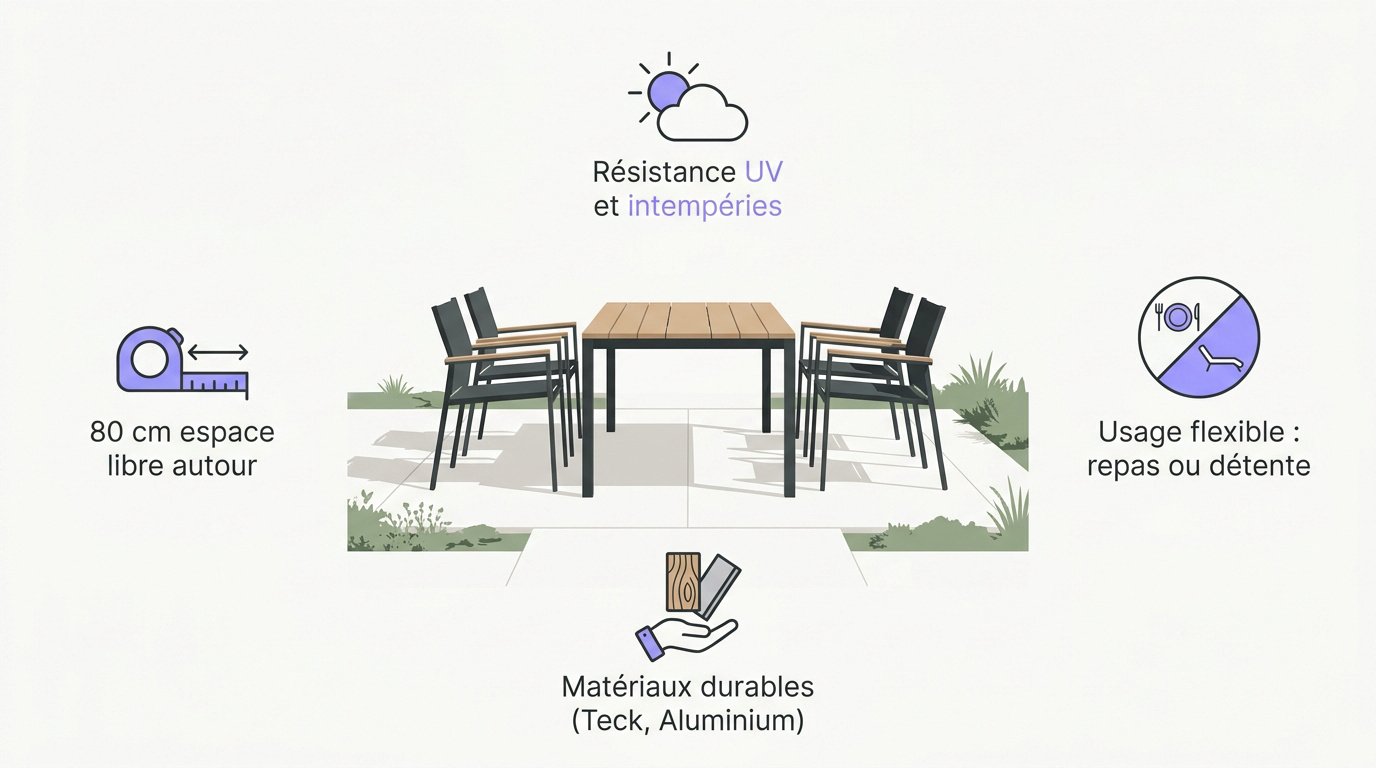 Salon de jardin moderne en aluminium et bois sur une terrasse ensoleillée