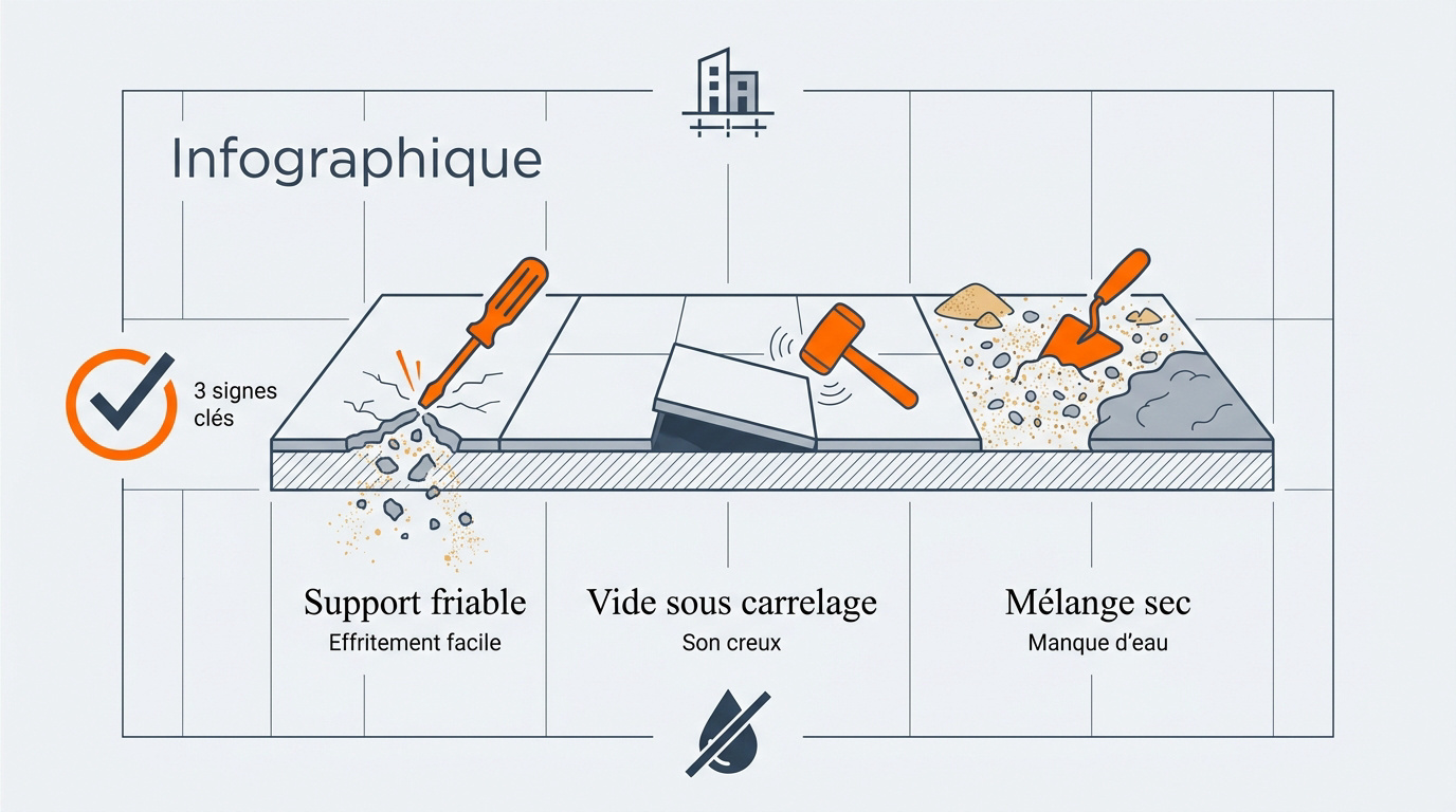 Test de diagnostic d'une chape de carrelage friable au tournevis