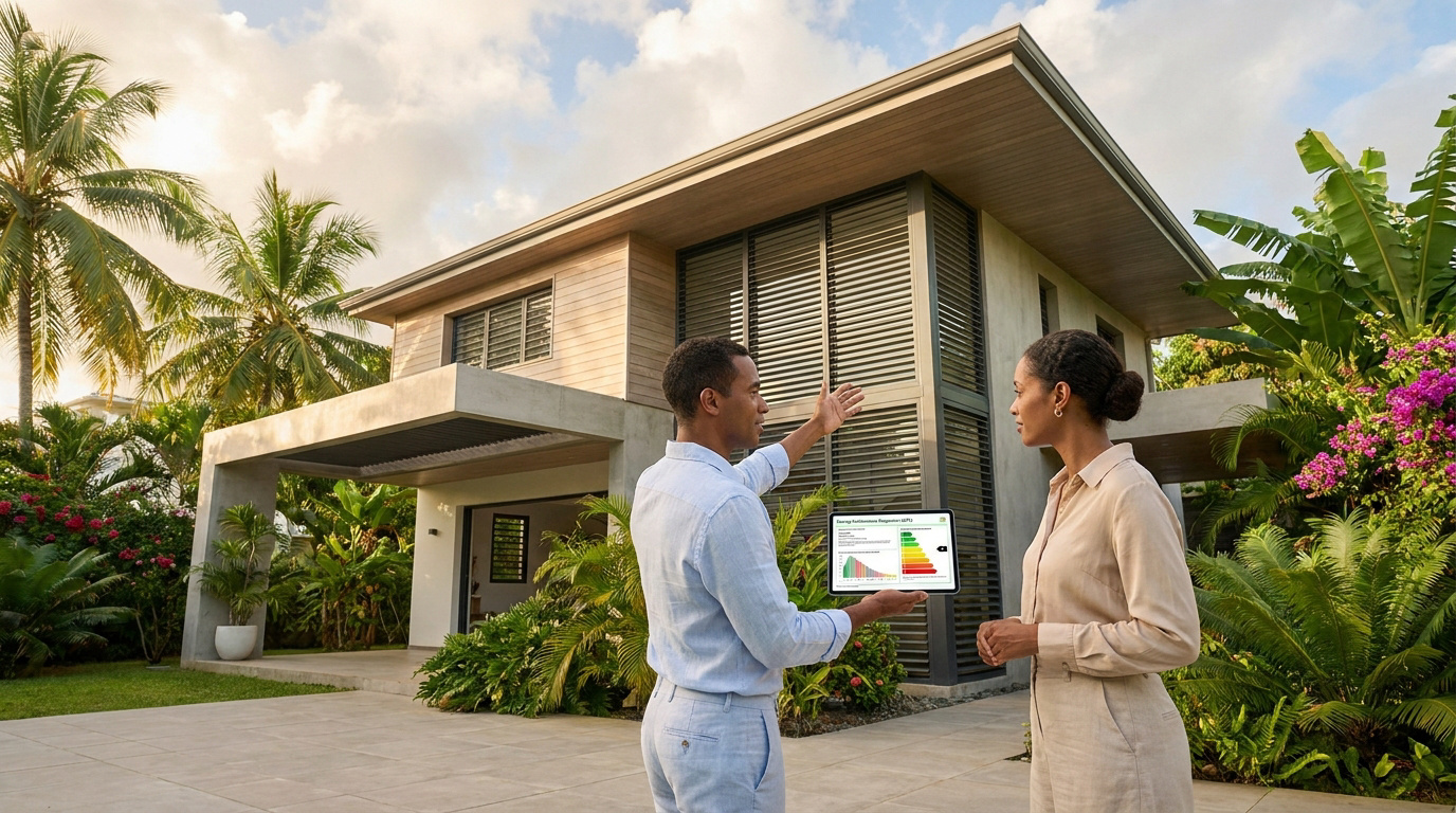 Un homme et une femme devant une villa en Guadeloupe discutant d'un rapport de diagnostic énergétique sur tablette.