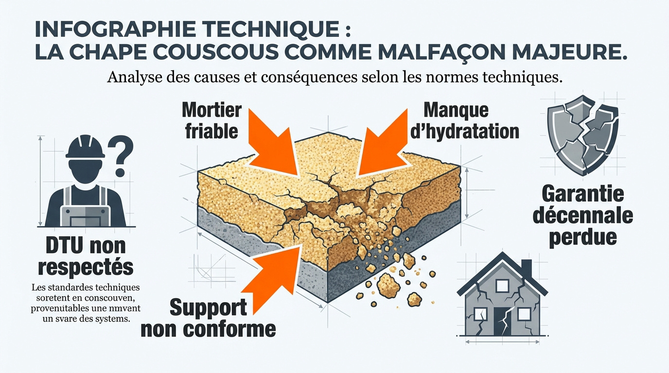Détail d'une chape couscous friable et non conforme montrant un défaut d'adhérence du carrelage
