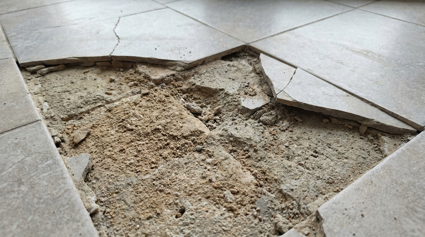 Carrelage cassé révélant une chape friable de type couscous, illustrant une malfaçon de construction.