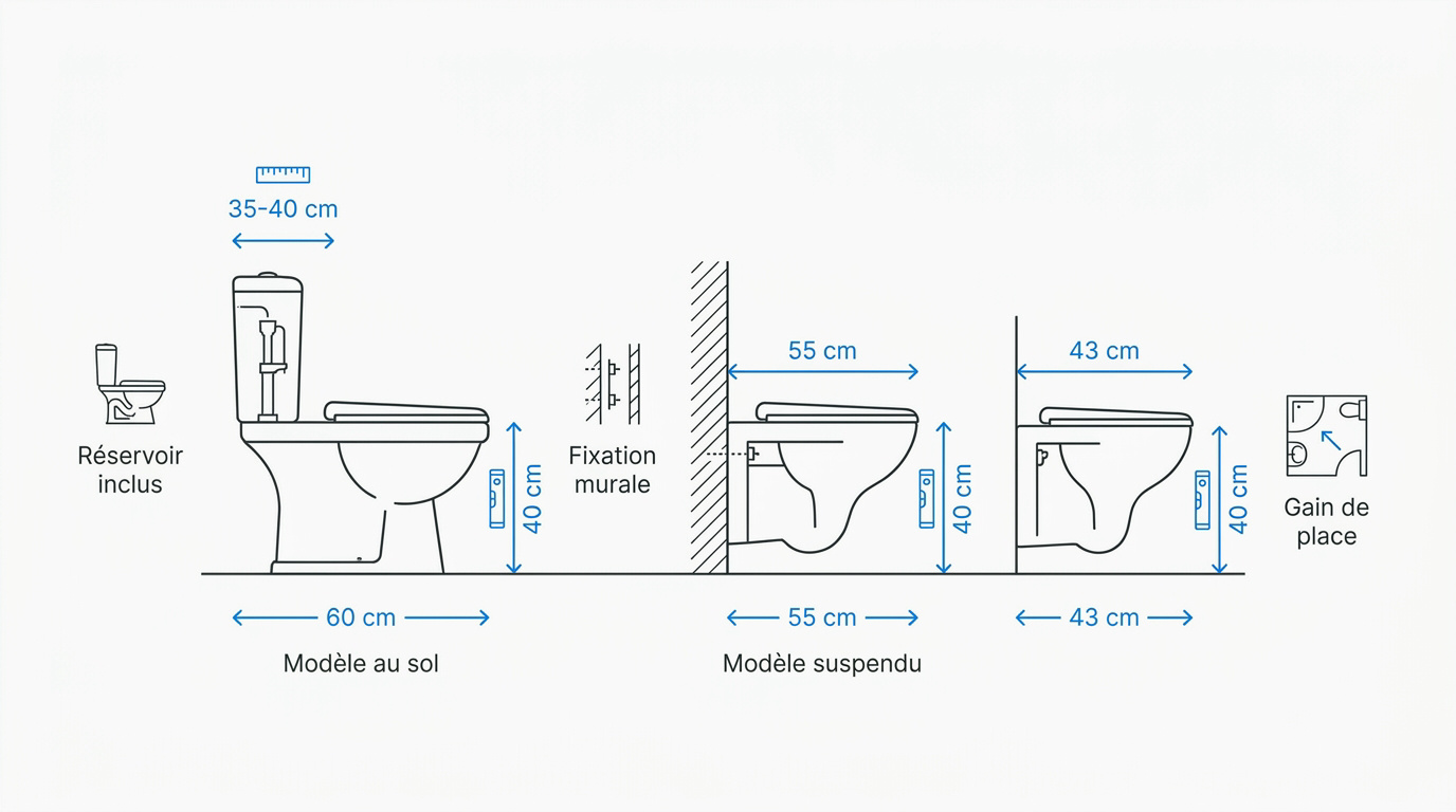 Tableau comparatif des dimensions entre cuvettes de WC standards et modèles compacts