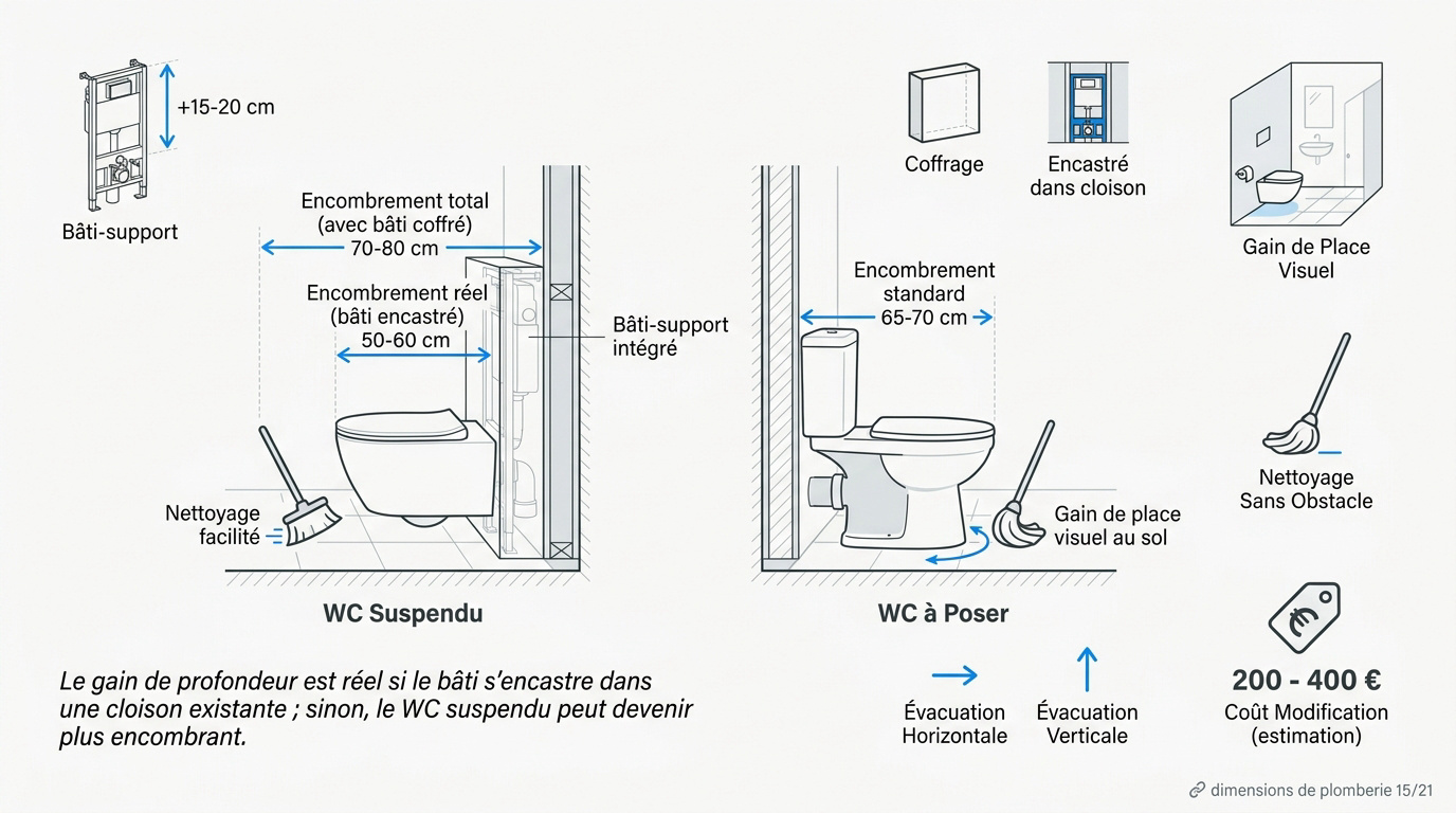Comparaison des dimensions entre un WC suspendu et un WC à poser pour petits espaces