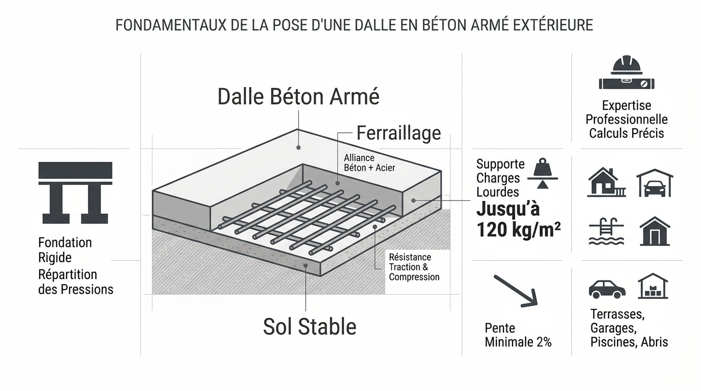 Pose d'une dalle en béton armé ferraillée pour une terrasse extérieure