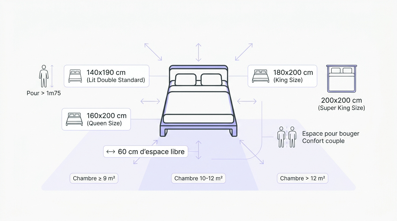 Schéma comparatif des dimensions de lits doubles et espace de circulation conseillé dans une chambre