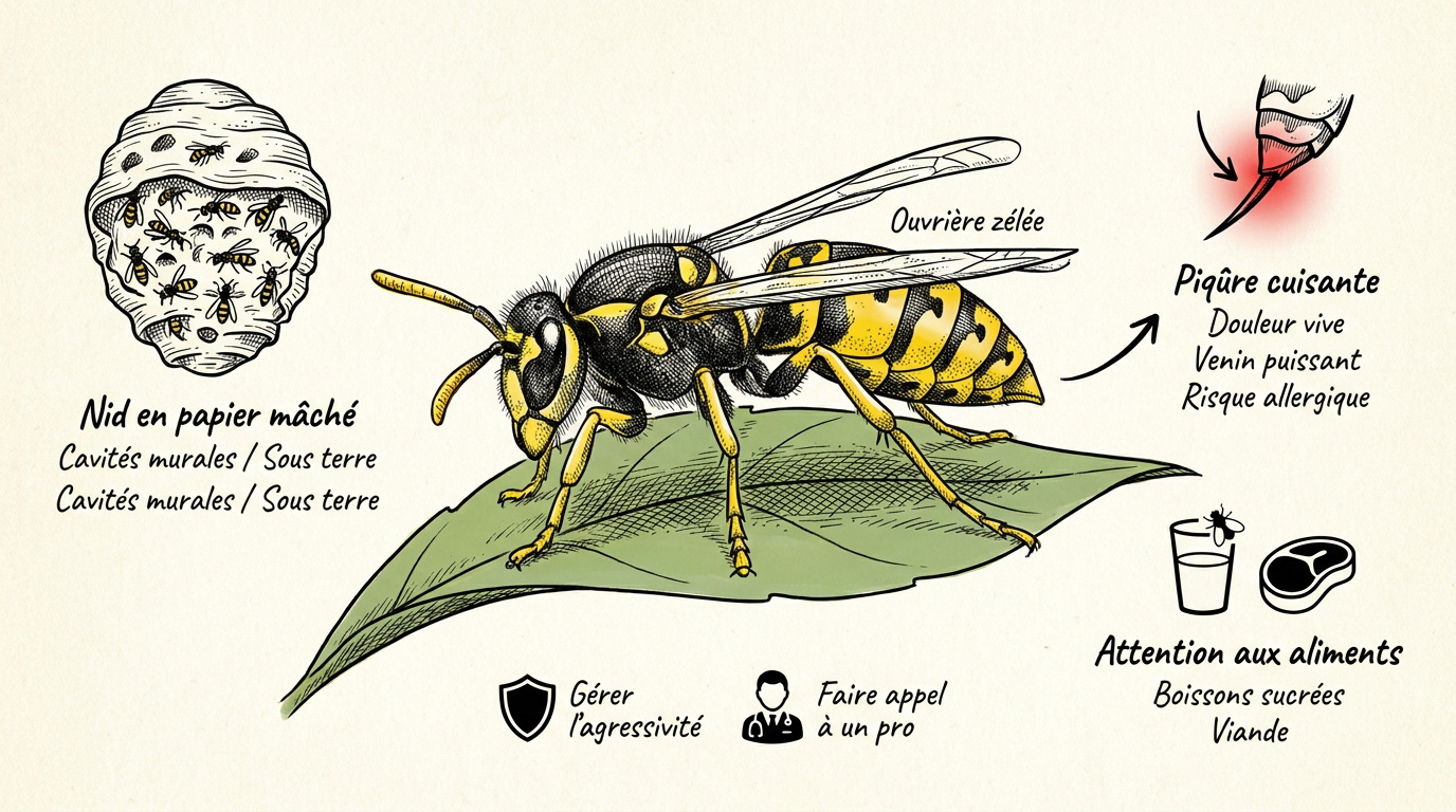 Illustration naturaliste d'une guêpe commune montrant ses rayures jaunes et noires et sa taille marquée.