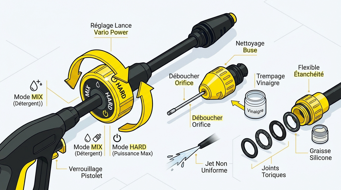 Infographie sur les réglages et l'entretien d'un nettoyeur haute pression Karcher