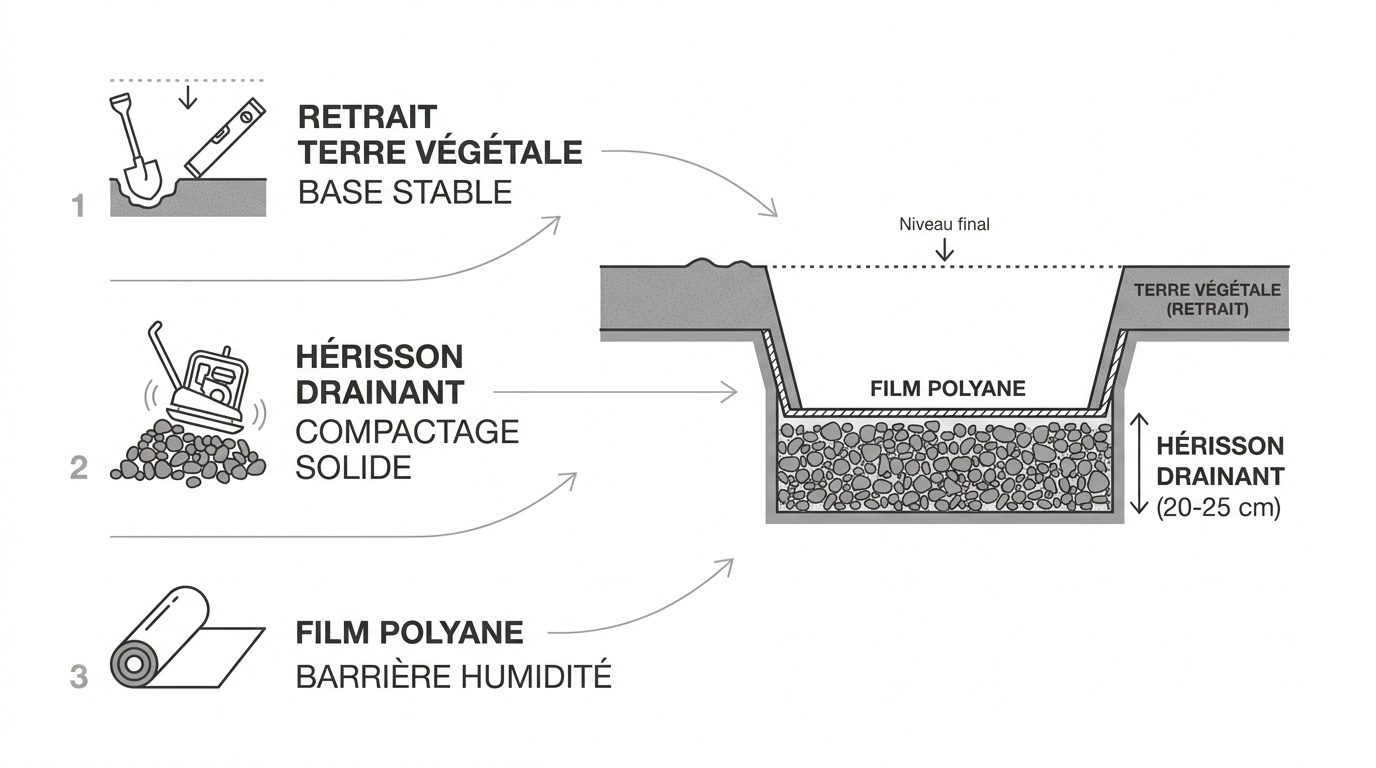Préparation du terrain avec décaissement et nivellement pour dalle béton