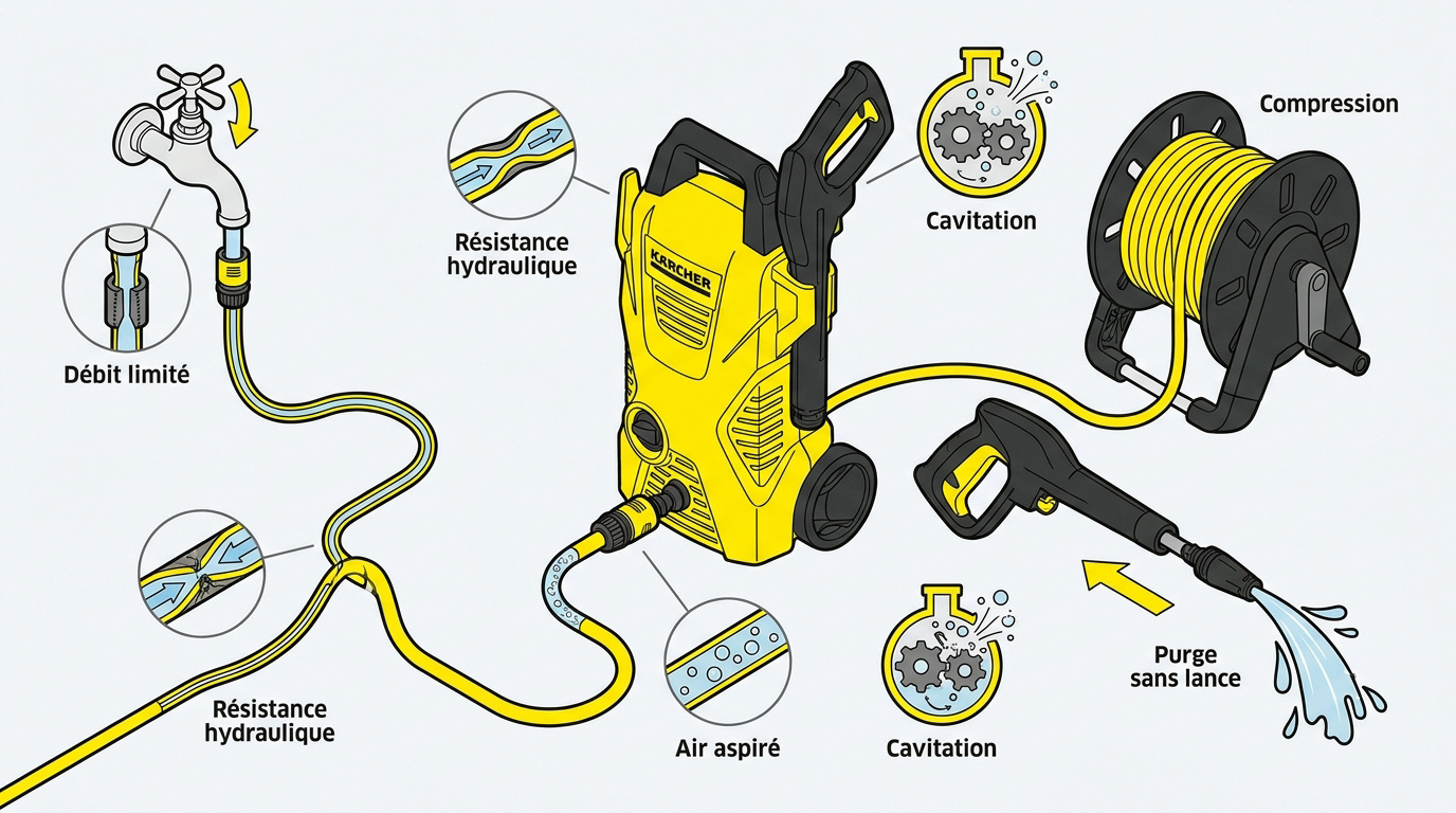 Schéma technique des points de contrôle pour résoudre une perte de pression sur nettoyeur Karcher