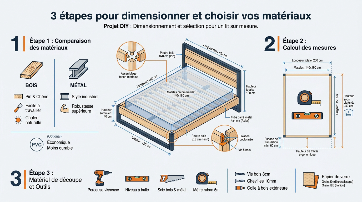 Matériaux en bois et outils de mesure pour fabriquer un arceau de lit DIY