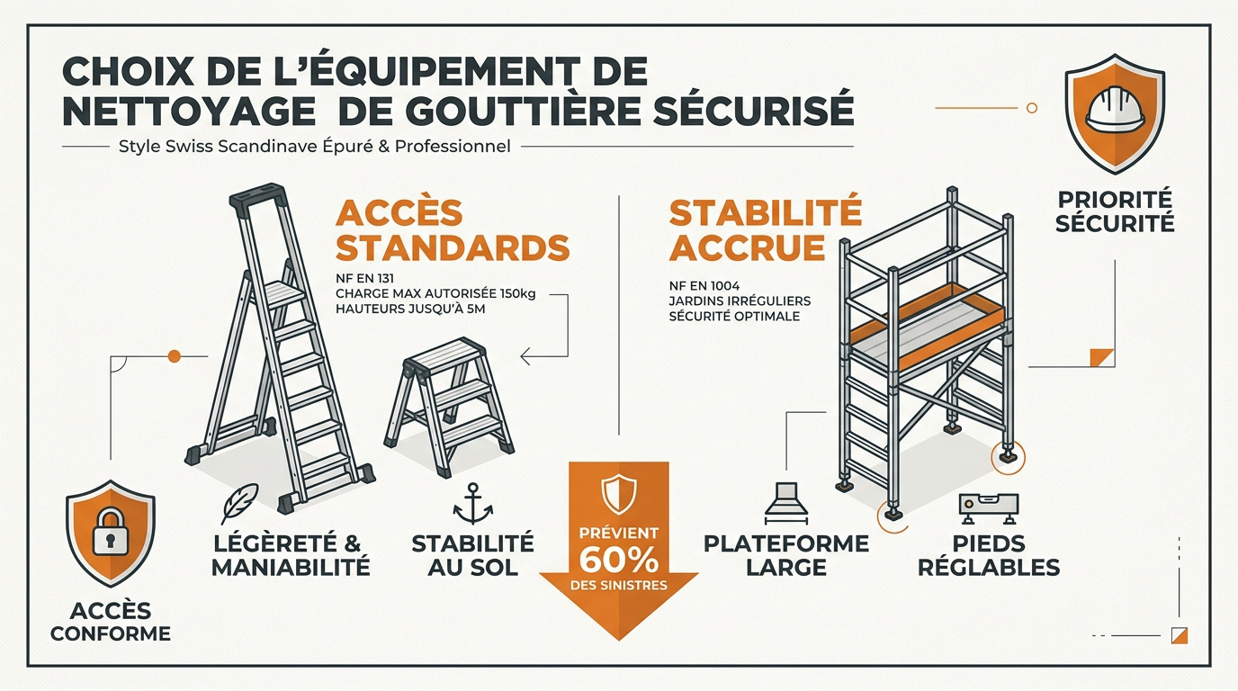 Matériel de sécurité pour le nettoyage des gouttières incluant échelle et stabilisateur