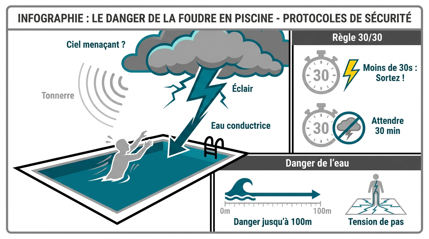 Baigneur quittant une piscine sous un ciel orageux pour respecter les consignes de sécurité